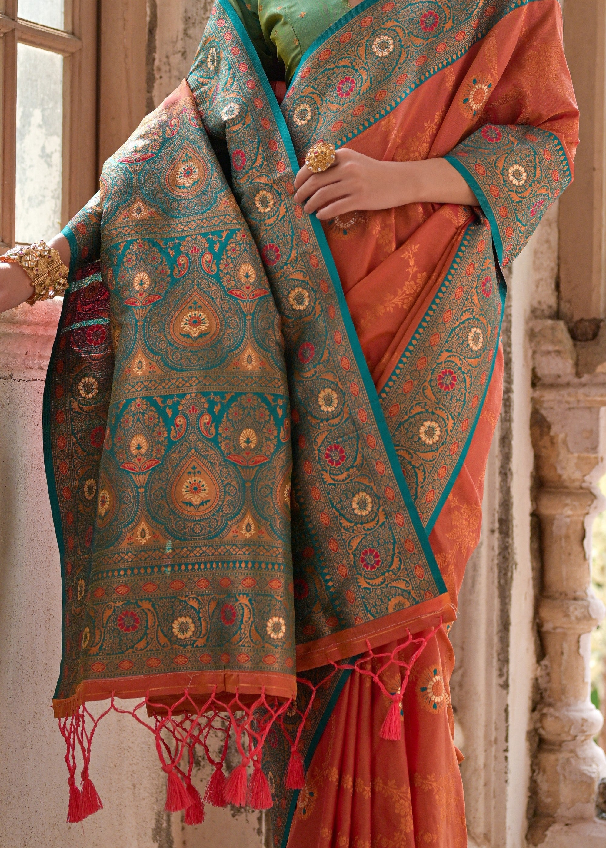 Carrot Orange All Over Flower Printed Zari Woven Banarasi Silk Saree With Contrast Pallu - qivii