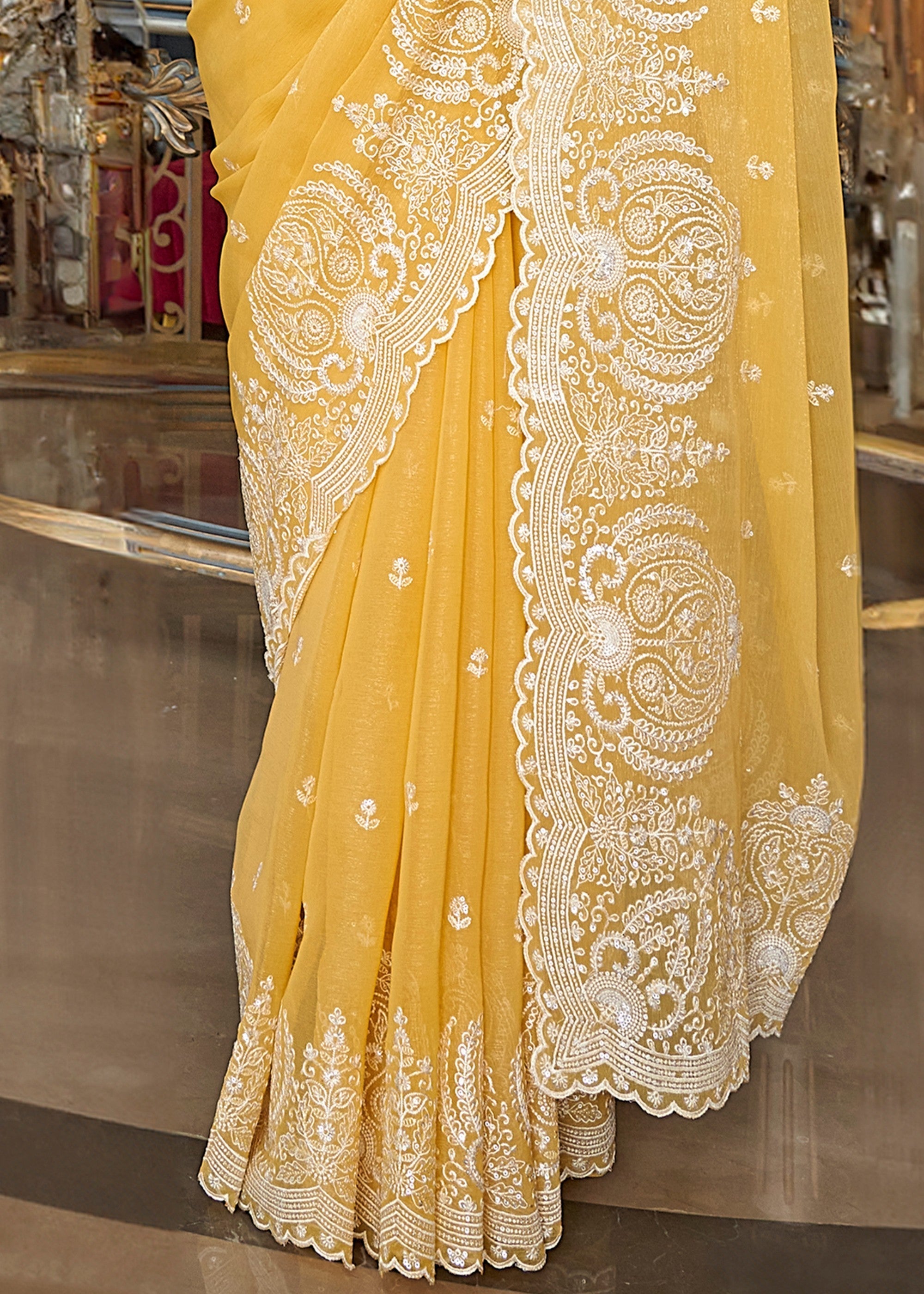 Cadium Yellow Fancy Tissue Saree With Unique Work And Designer Blouse - qivii