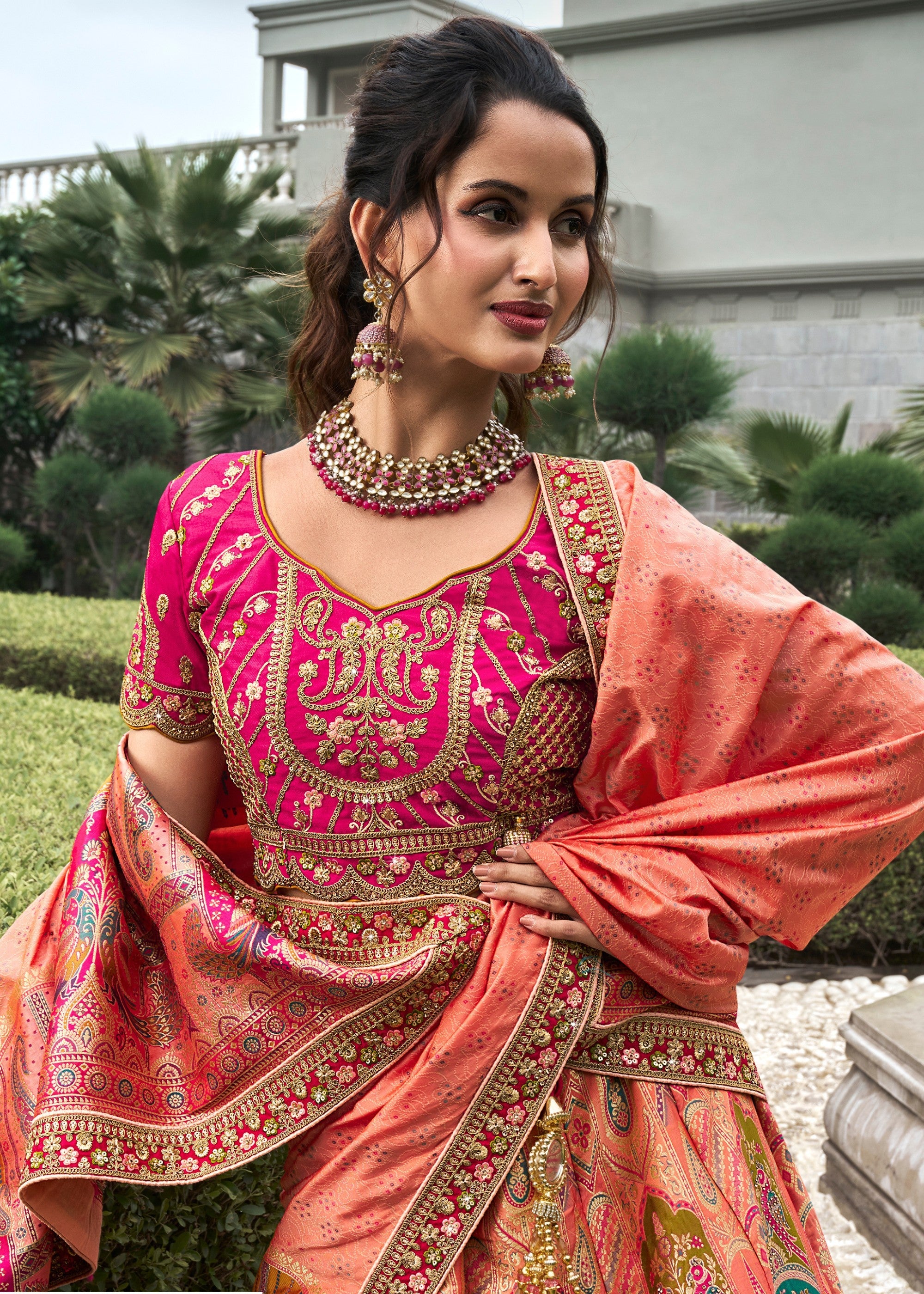 Orange & Pink Banarasi Silk Lehenga with Zarkan Codding work | Ready To Wear - qivii