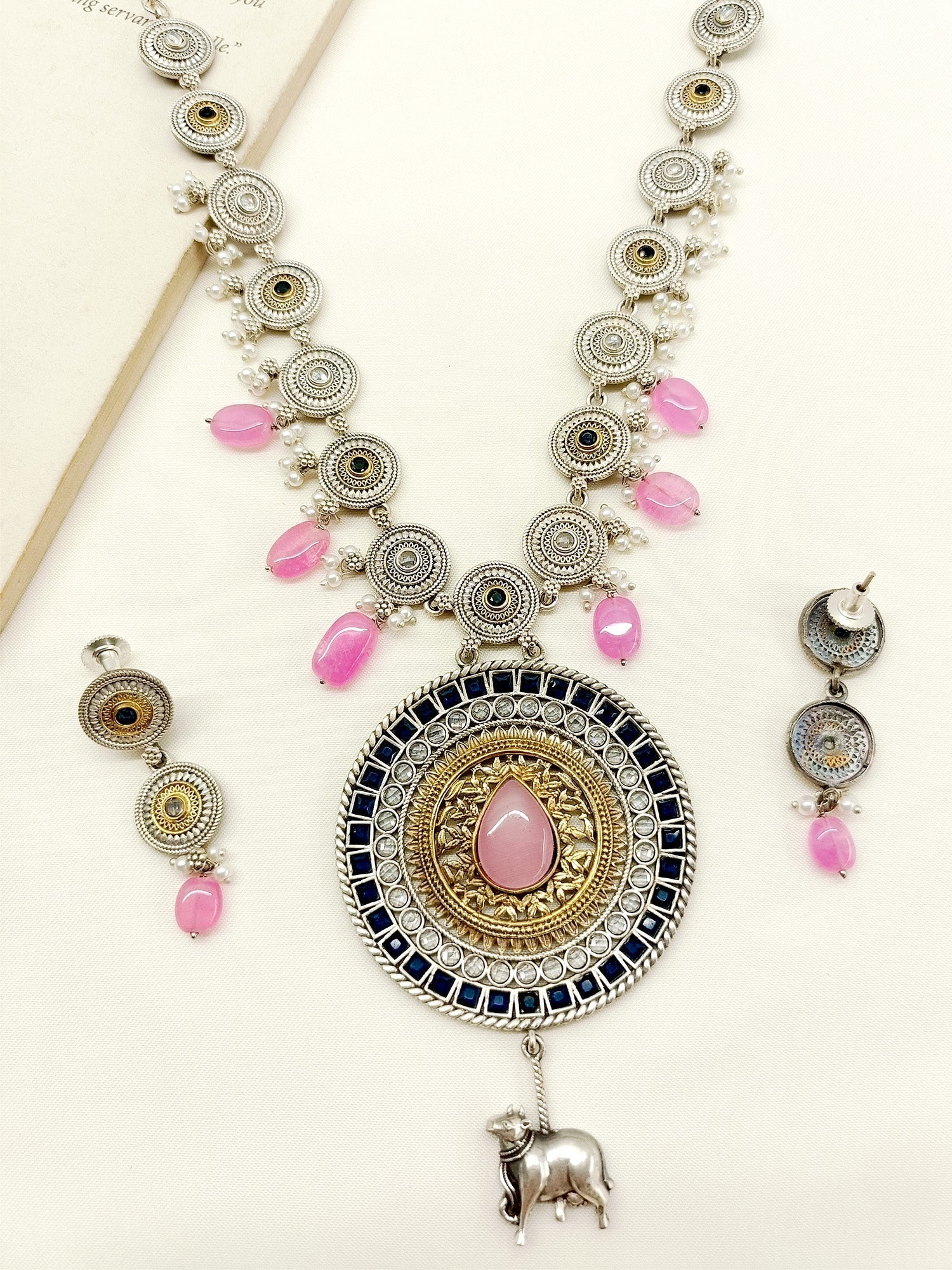 Oeshi Pink Long Oxidized Necklace Set - qivii