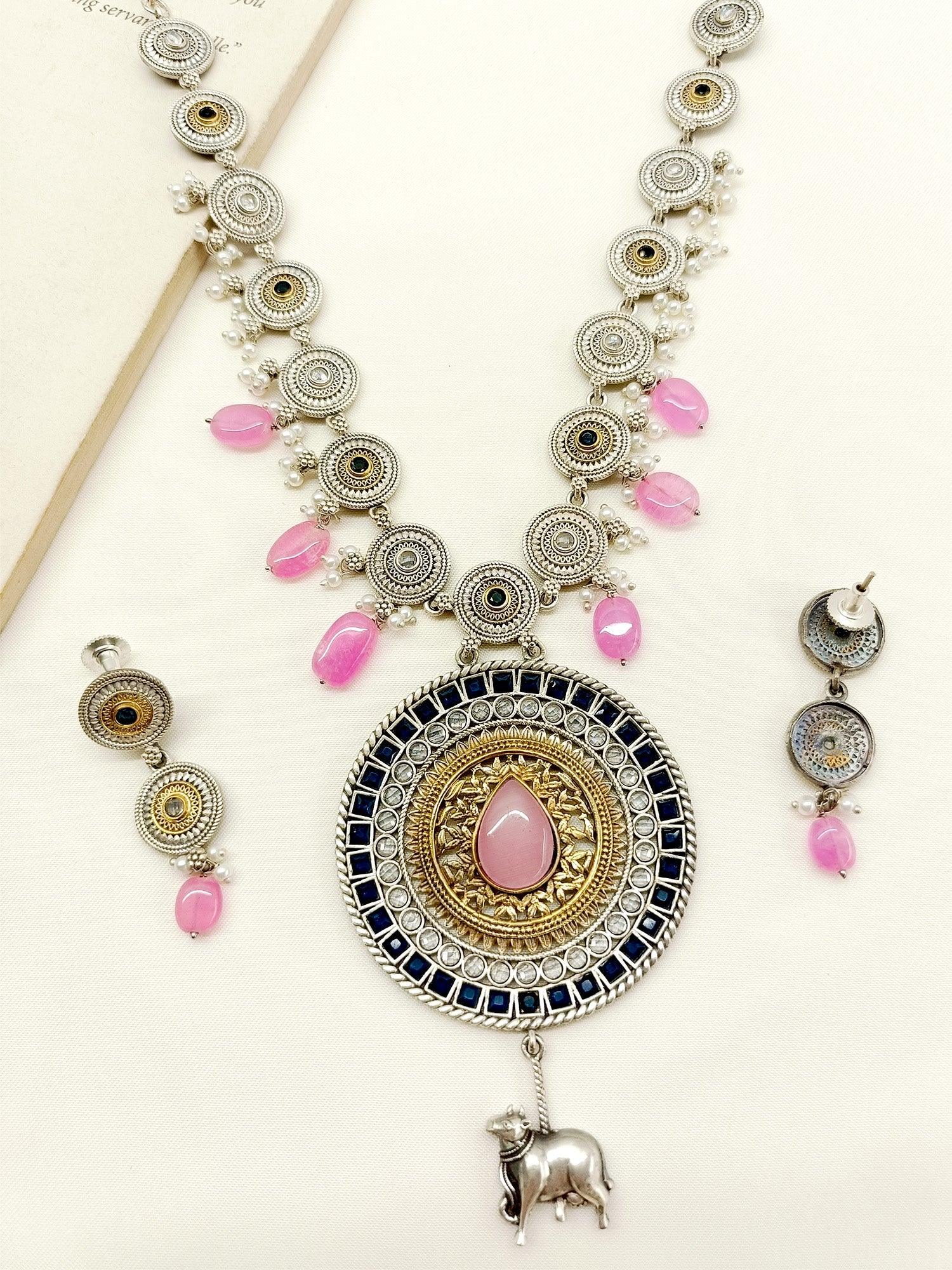 Oeshi Pink Long Oxidized Necklace Set
