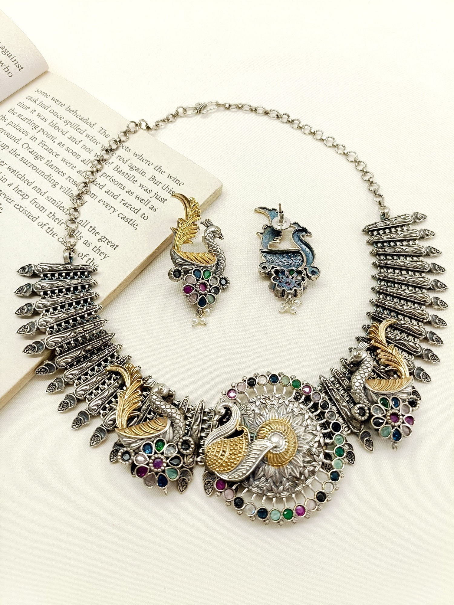Disuza Multi Colour Peacock Oxidized Necklace Set - qivii
