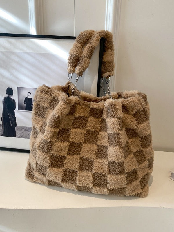Women's Large-Capacity Plush Handbag | Trendy Quilted Chain Shoulder Bag with Patchwork Design