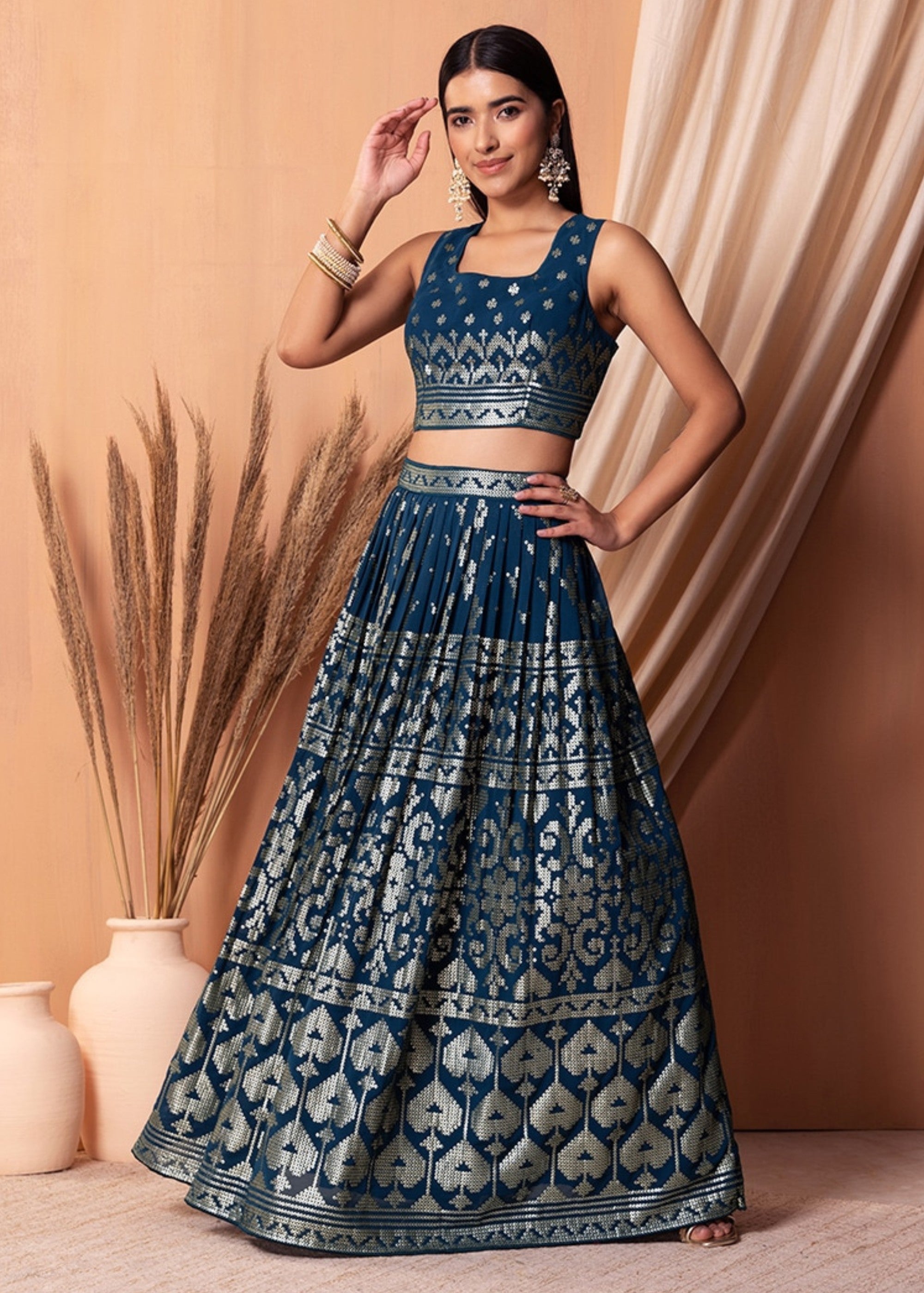 Royal Blue Georgette Lehenga Choli With Sequins And Thread Embroidery Work | Ready To Wear - qivii