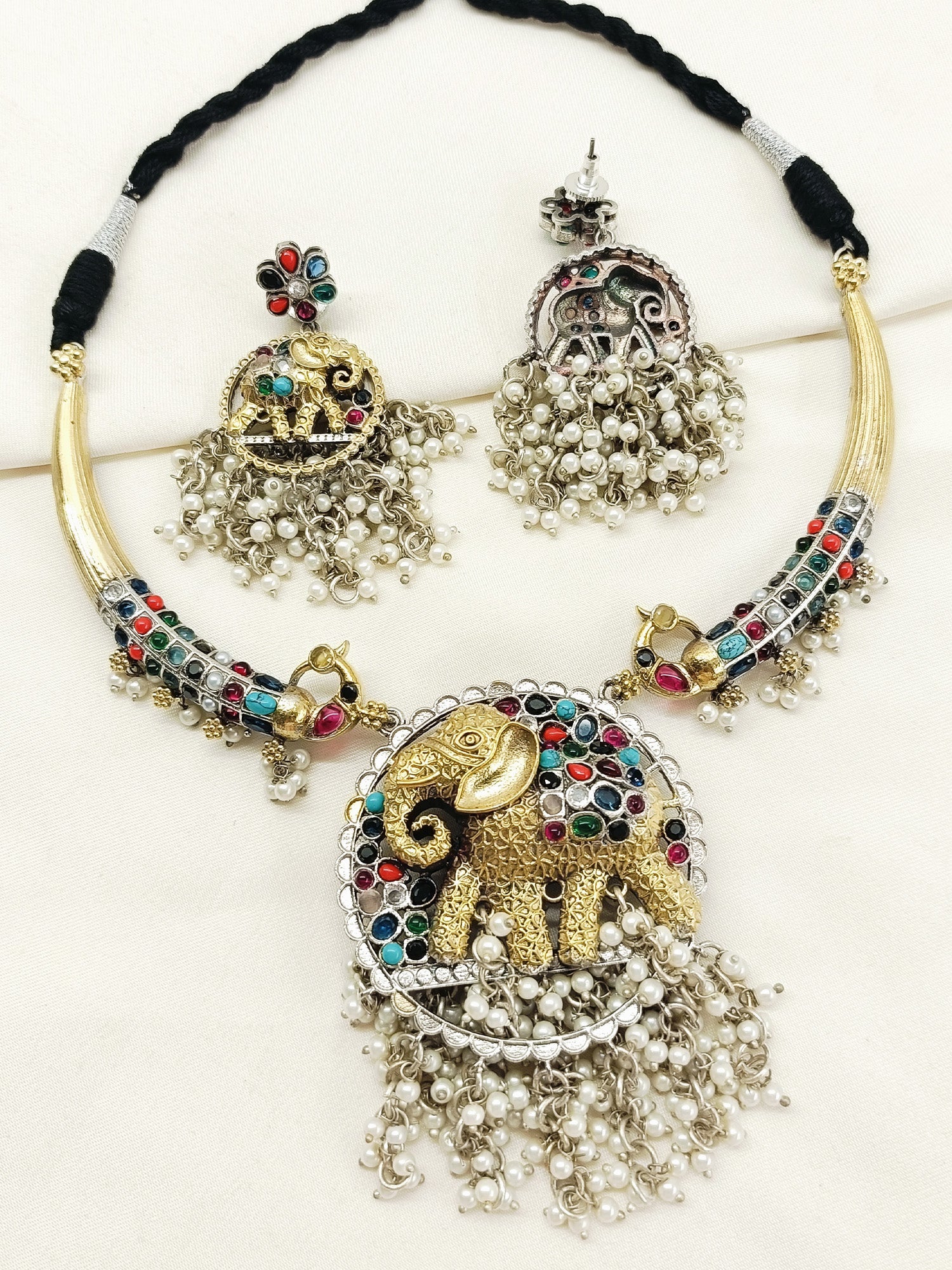 Yasodananda Multi Colour Oxidized Hasli Styled Necklace Set