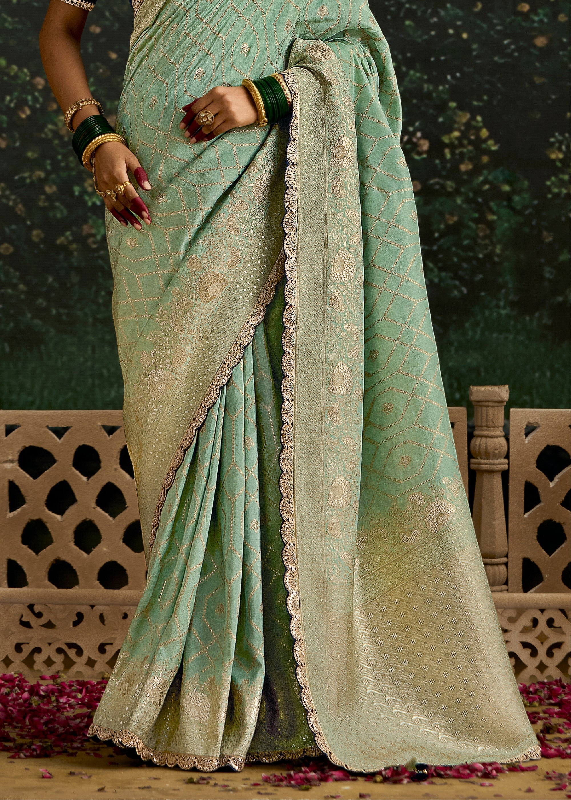 Pastel green and Navy blue Viscose silk Saree with Zari work - qivii