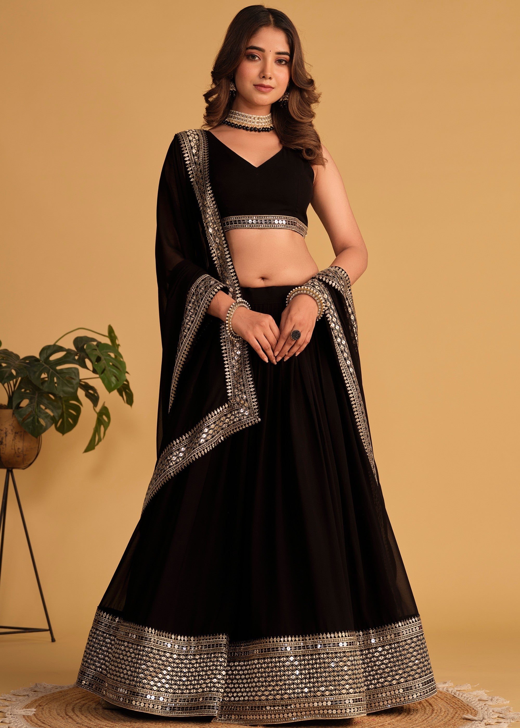 Onyx Black Georgette Lehenga Choli With Sequins Zari Embroidered Work : Top Pick | Ready To Wear - qivii