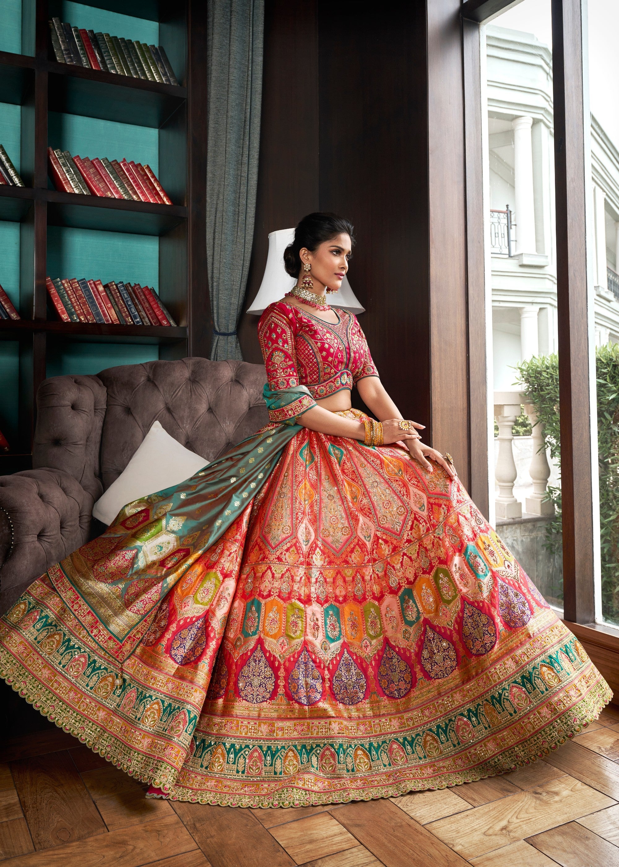 Jade Green & Pink Banarasi Silk Lehenga with Zarkan Codding work | Ready To Wear - qivii