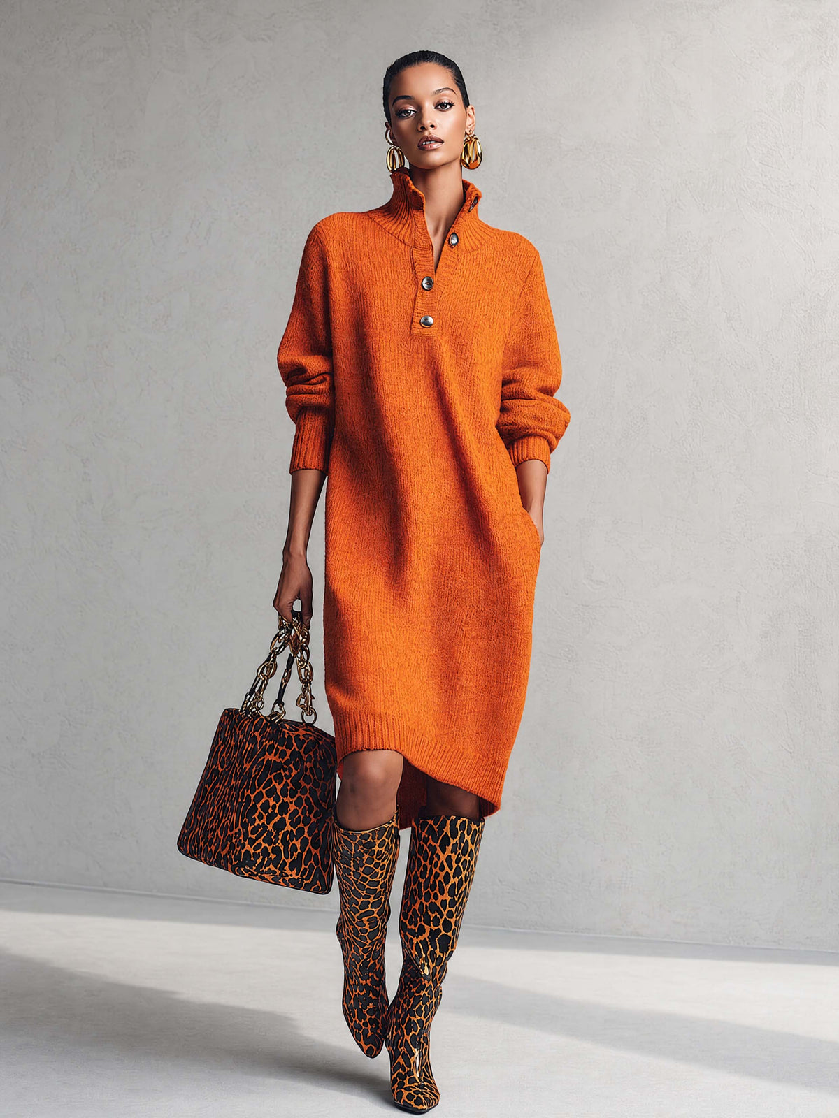 Comfortable And Fashionable Lapel Front Button Orange Knitted Midi Dress - By Qivii