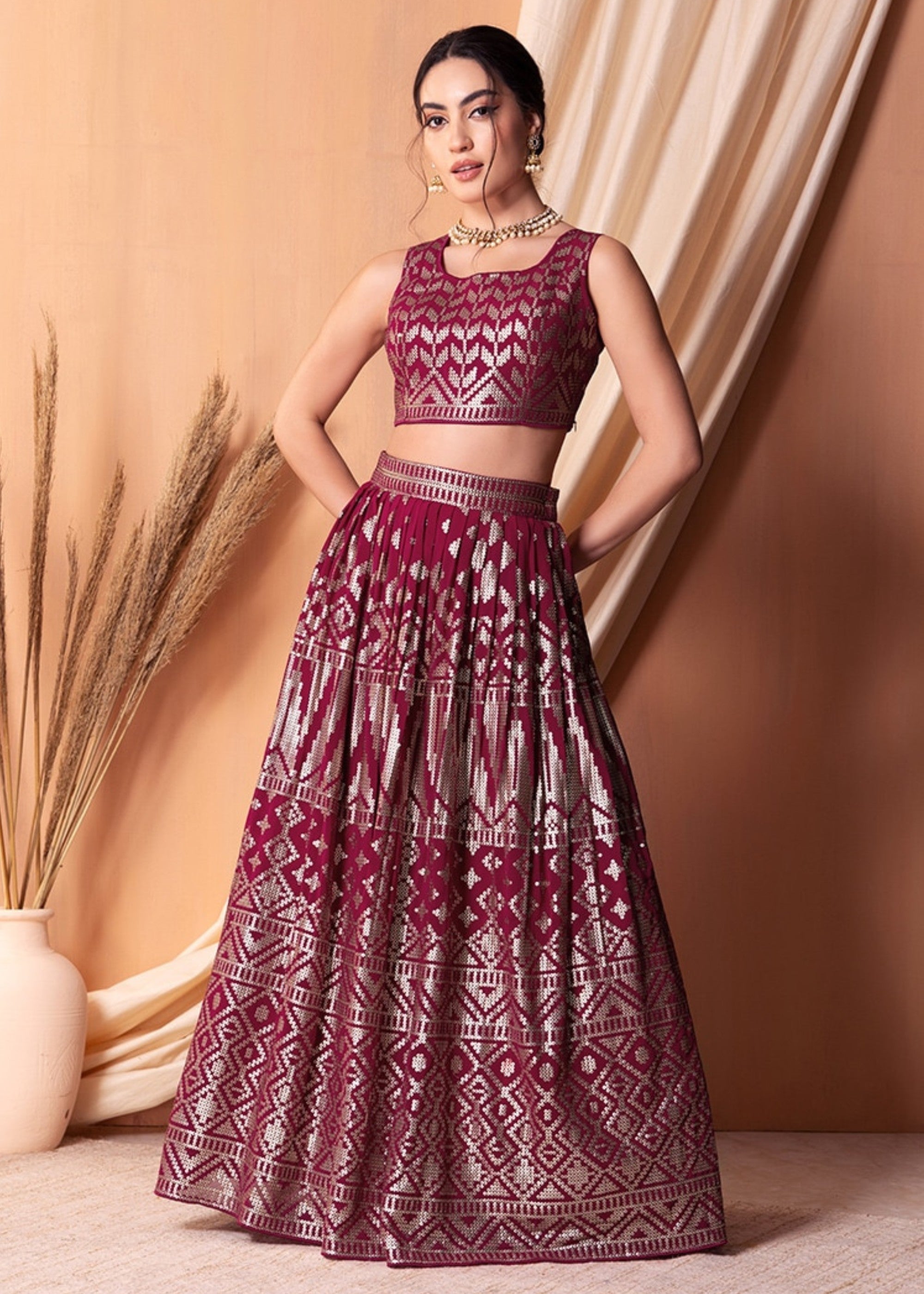 Ruby Pink Georgette Lehenga Choli With Sequins And Thread Embroidery Work | Ready To Wear - qivii