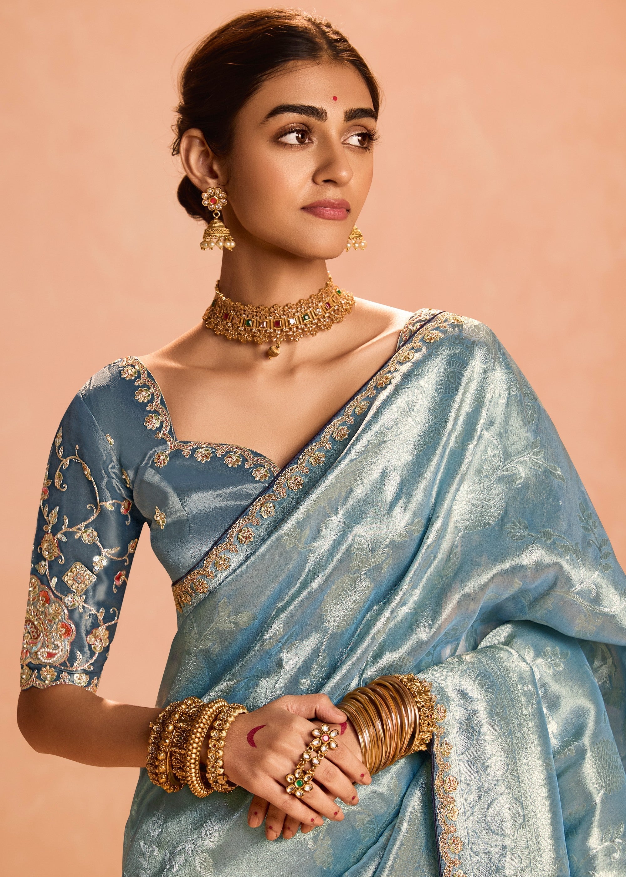 Pacific Blue Zari Tissue Silk Saree With Weaving Work And Heavy Embroidery Lace - qivii