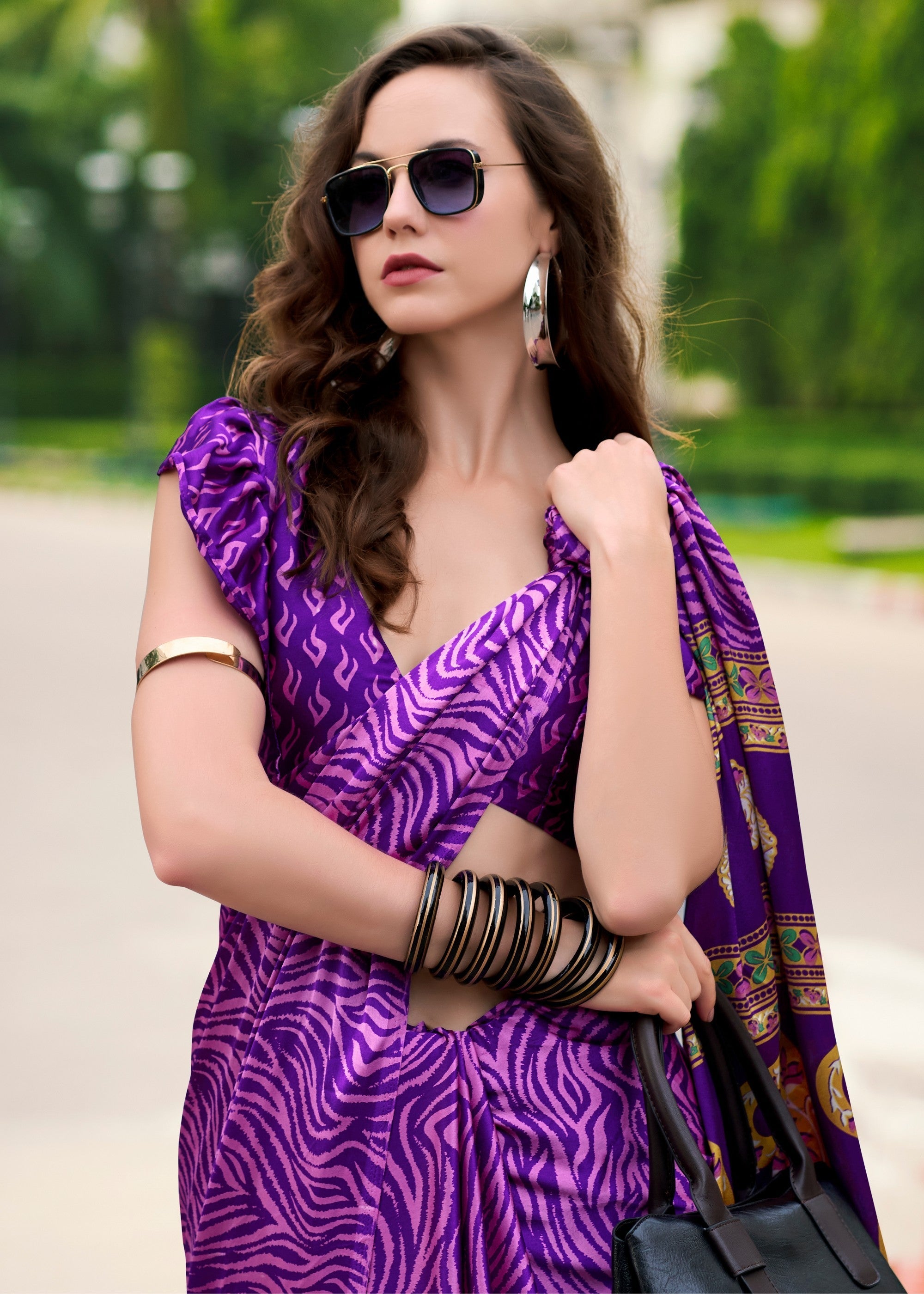 Violet Purple Printed Satin Silk Saree - qivii
