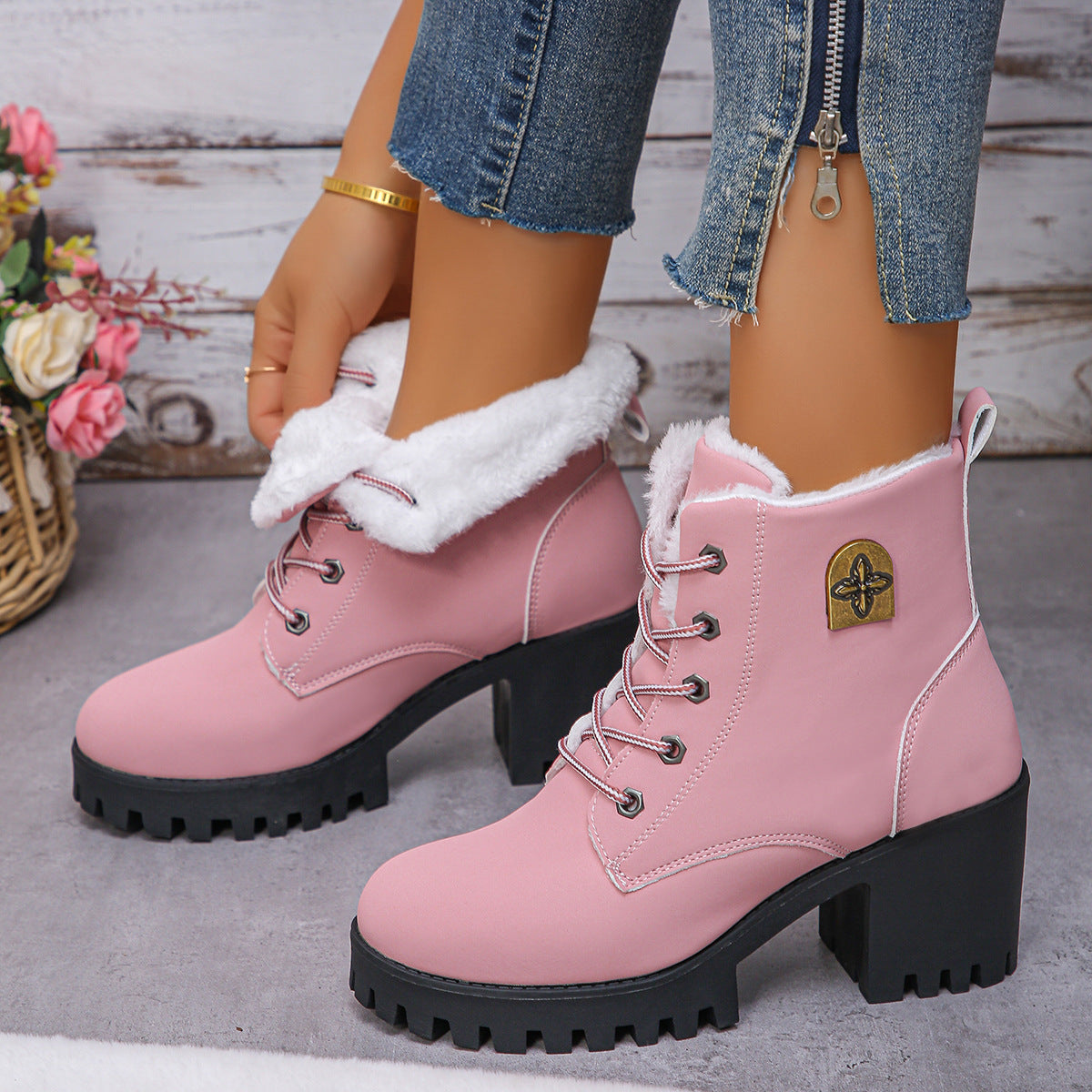 Women's Alpine Luxe Combat Boot - Chunky Sole Mid-Heel Weatherproof Ankle Boots with Faux Fur Lining & Classic Lace-Up Design (US 4-10)