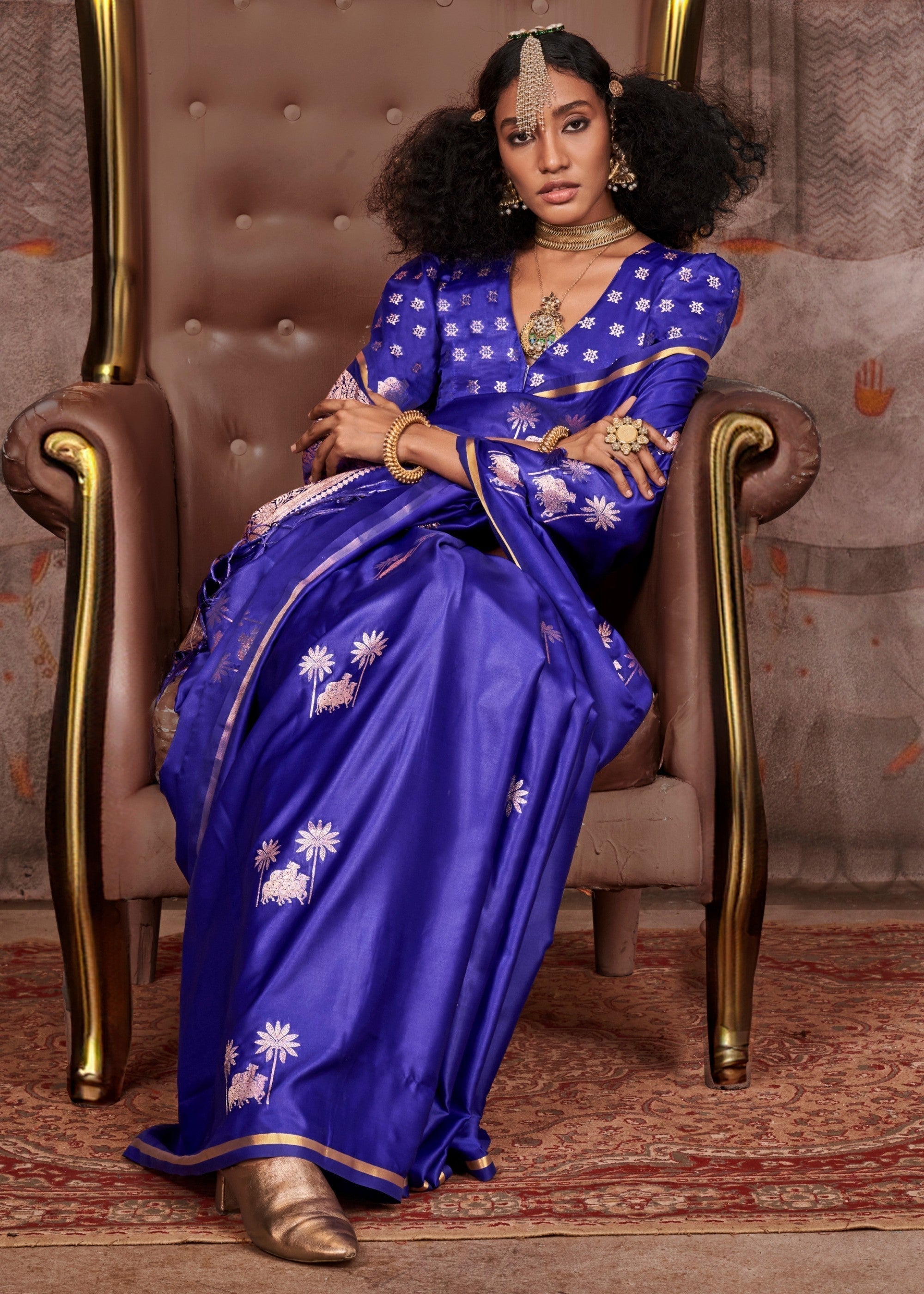 Blue Pure Satin Handloom Weaving Silk Saree - qivii