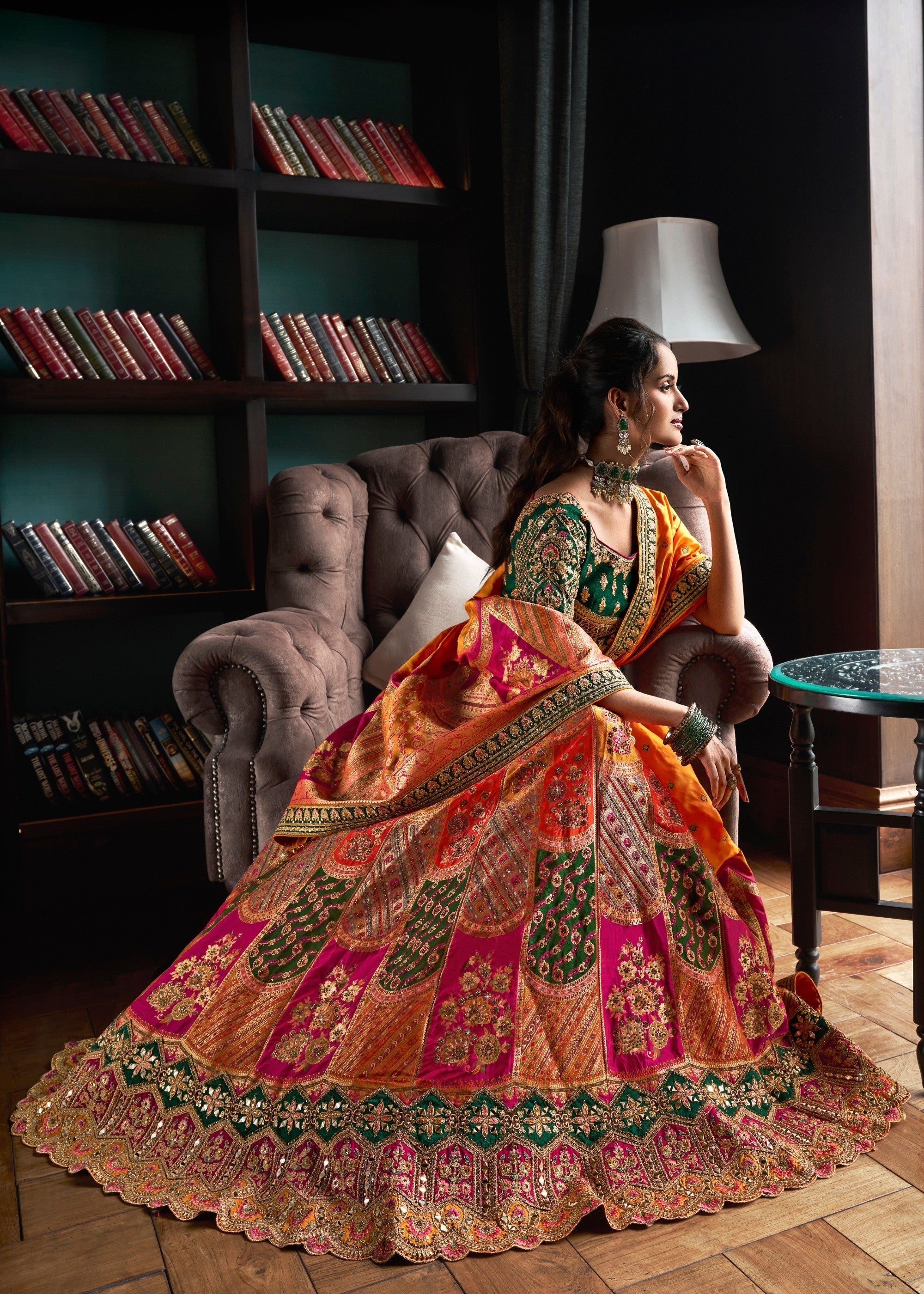 Green & Yellow Banarasi Silk Lehenga with Zarkan Codding work | Ready To Wear - qivii