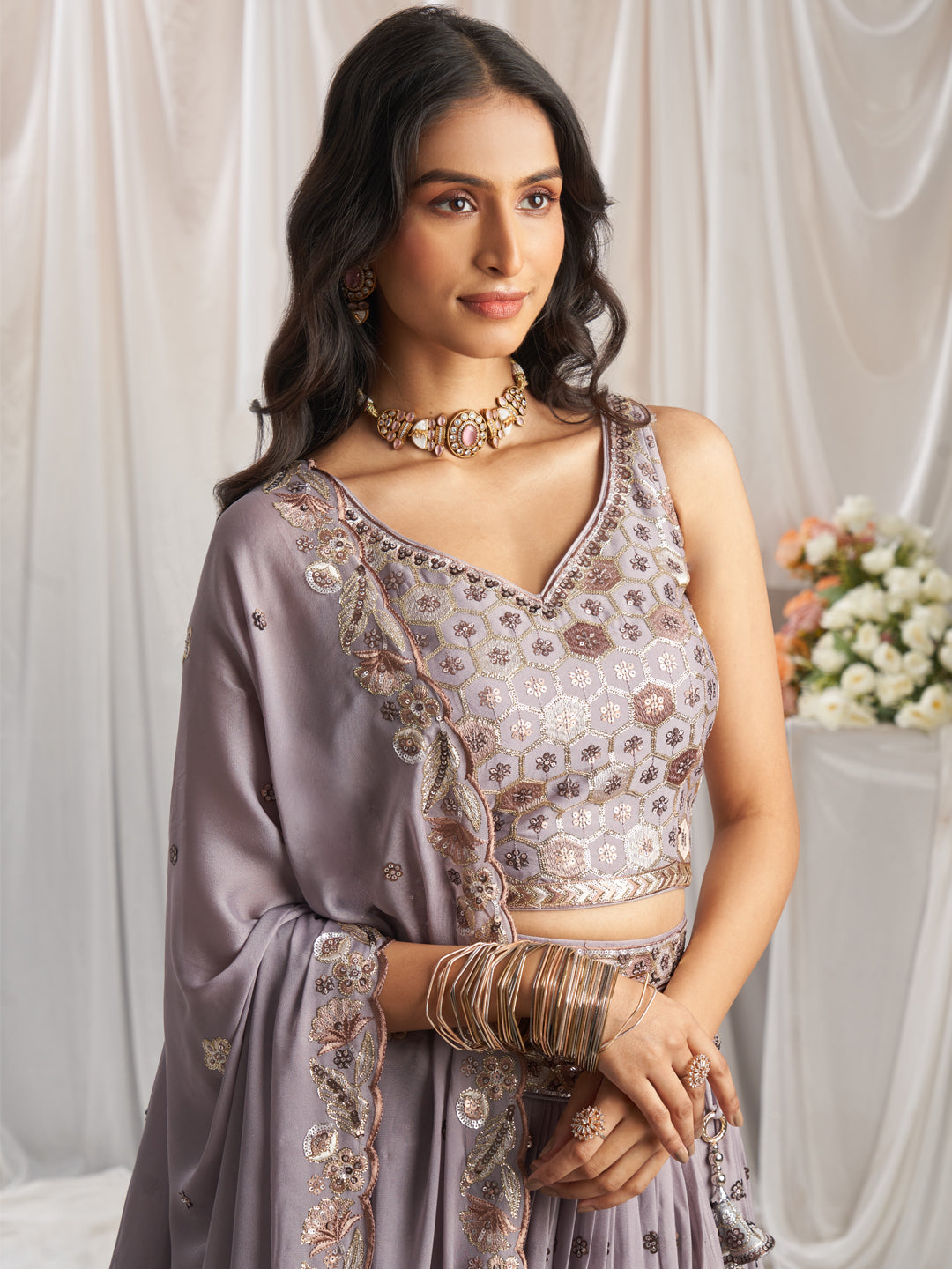 Lavender - Golden Dull-Bright Sequin,Golden-Sliver Threaded Embroidered Georgette Semi-Stitched Lehenga choli - qivii