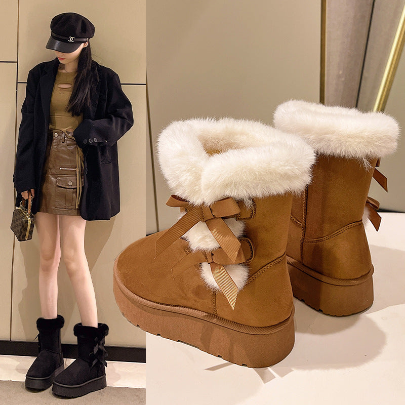 Women's Bow-Knit Cozy Winter Boots - Shearling Lined Chunky Platform Snow Boots (US 5-9.5)