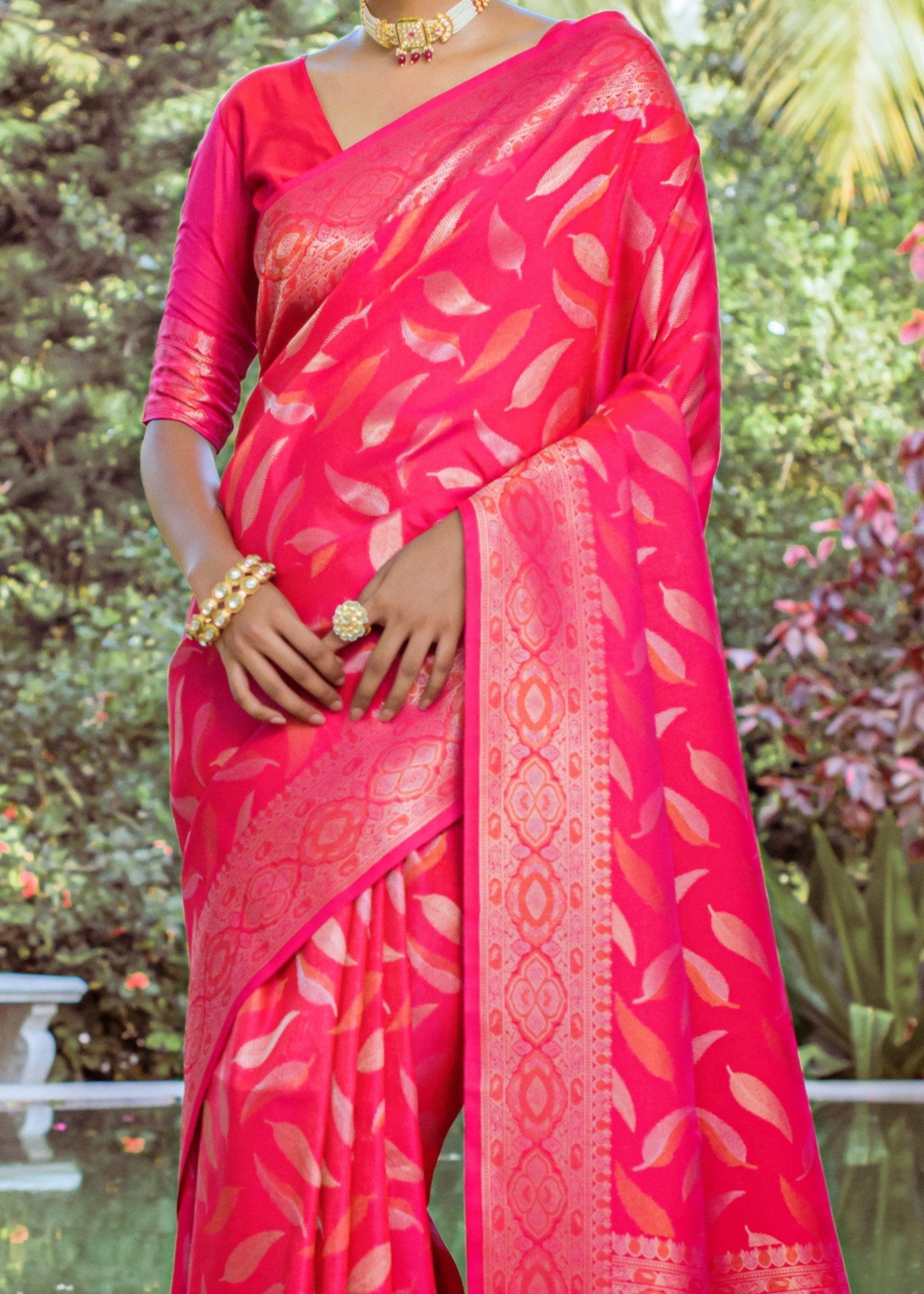 Hot Pink Zari Woven Silk Saree - qivii