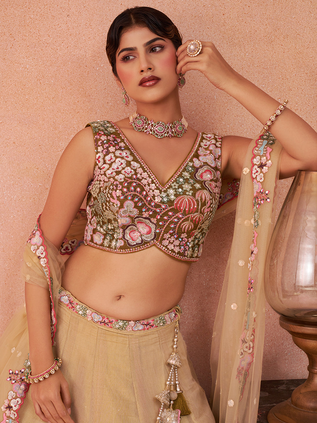 Olive Sequins Embroidered Ombre Olive Lehenga Set