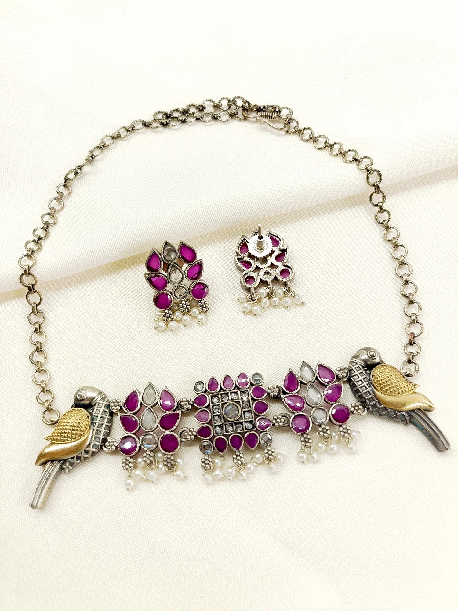 Annabelle Ruby Peacock Oxidized Choker Set - qivii