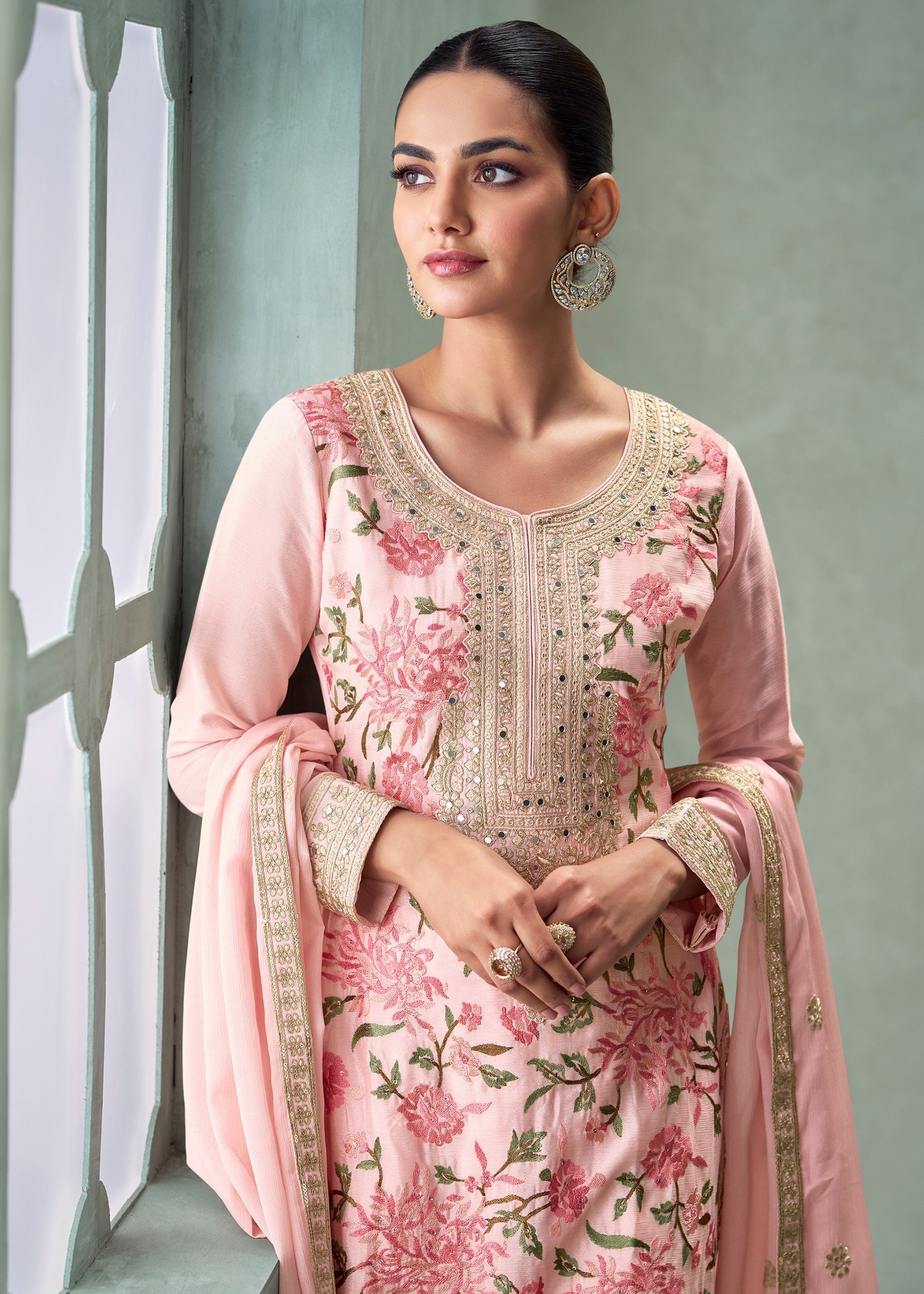 Peach Pink Premium Chinnon Silk Salwar Suit - qivii
