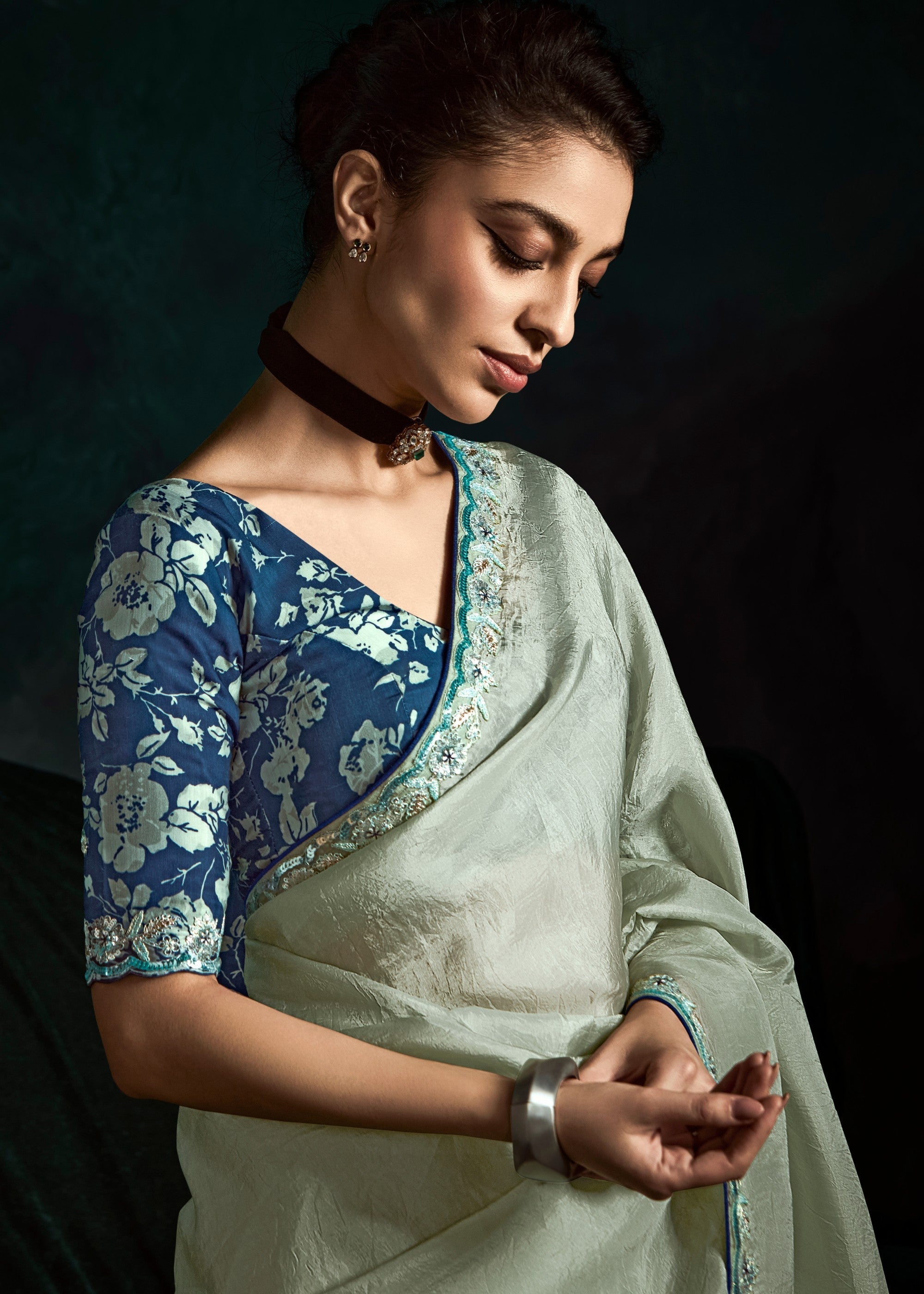 Tea Green Fancy Fabric Silk Saree With Sequins And Thread Embroidered Butti Work - qivii