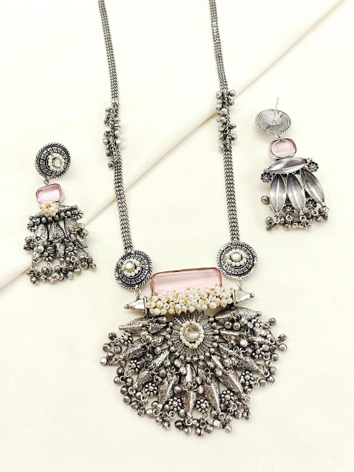 Piya Baby Pink Oxidized Pendant Set