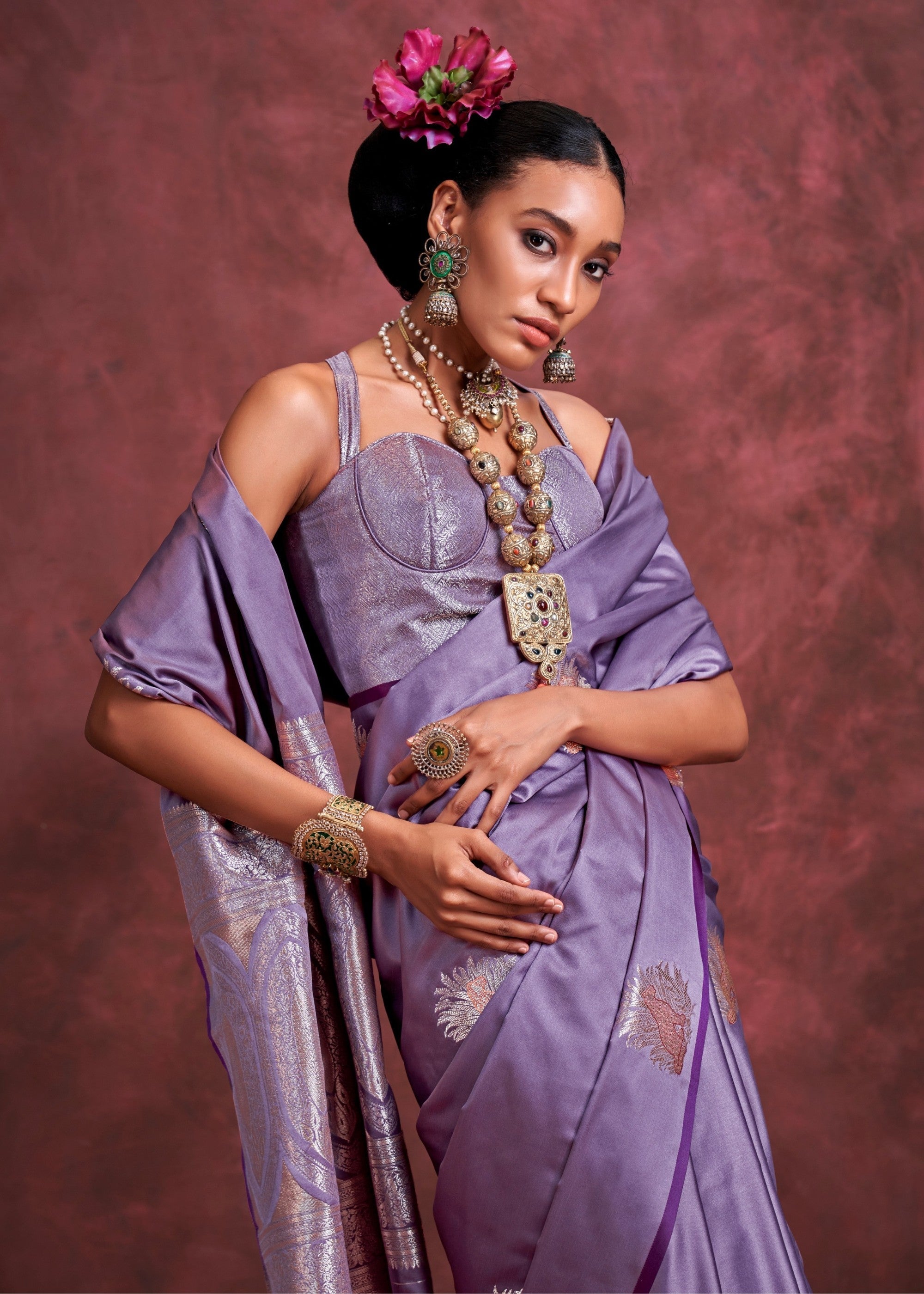Sunset Purple Handloom Weaving Satin - Banarasi Zari Saree - qivii
