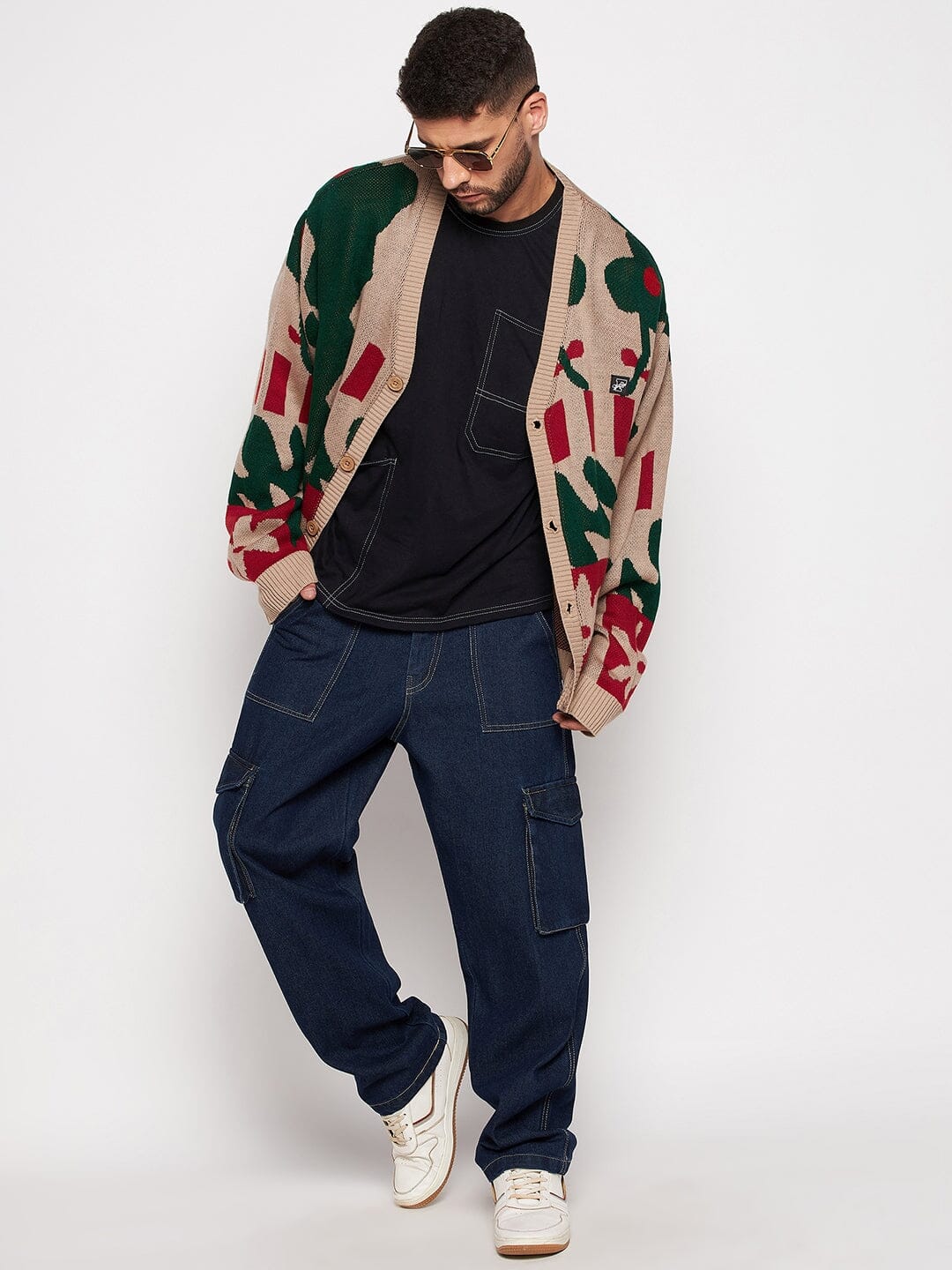 Beige Abstract Oversized Cardigan