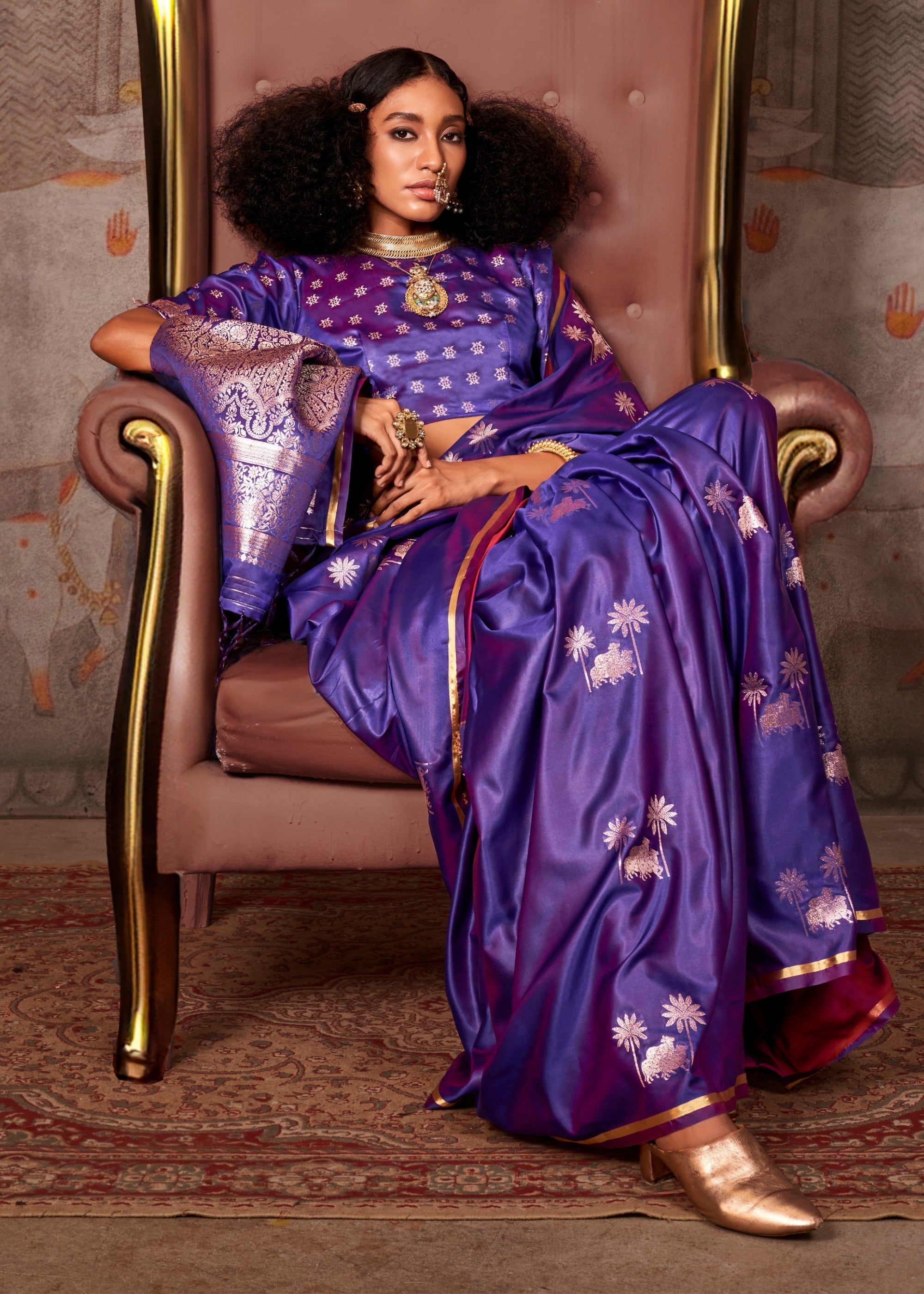 Purple Pure Satin Handloom Weaving Silk Saree - qivii
