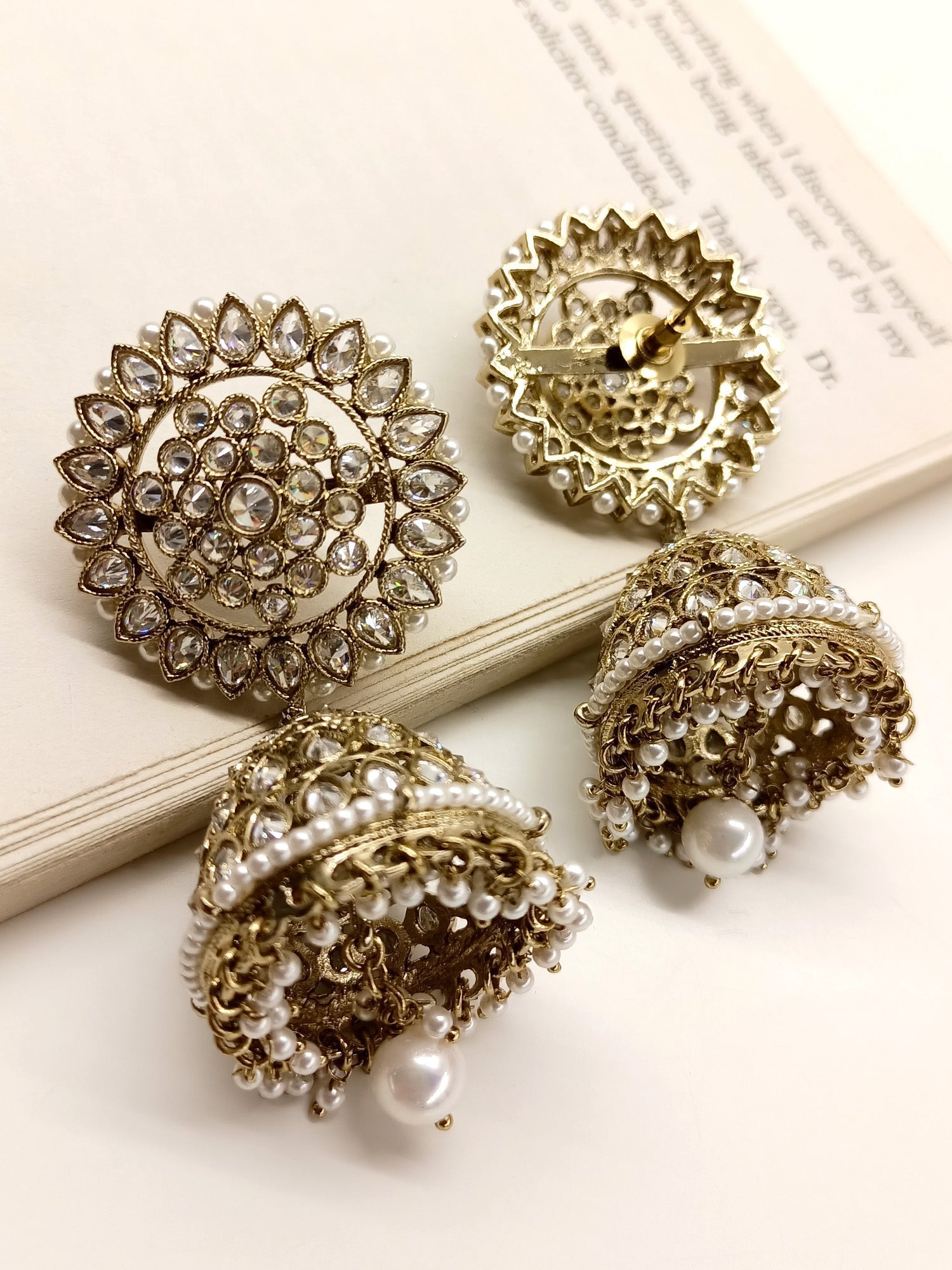 Beautiful Polki Jhumki Earrings with Stunning Antique Gold Plated Brass Metal