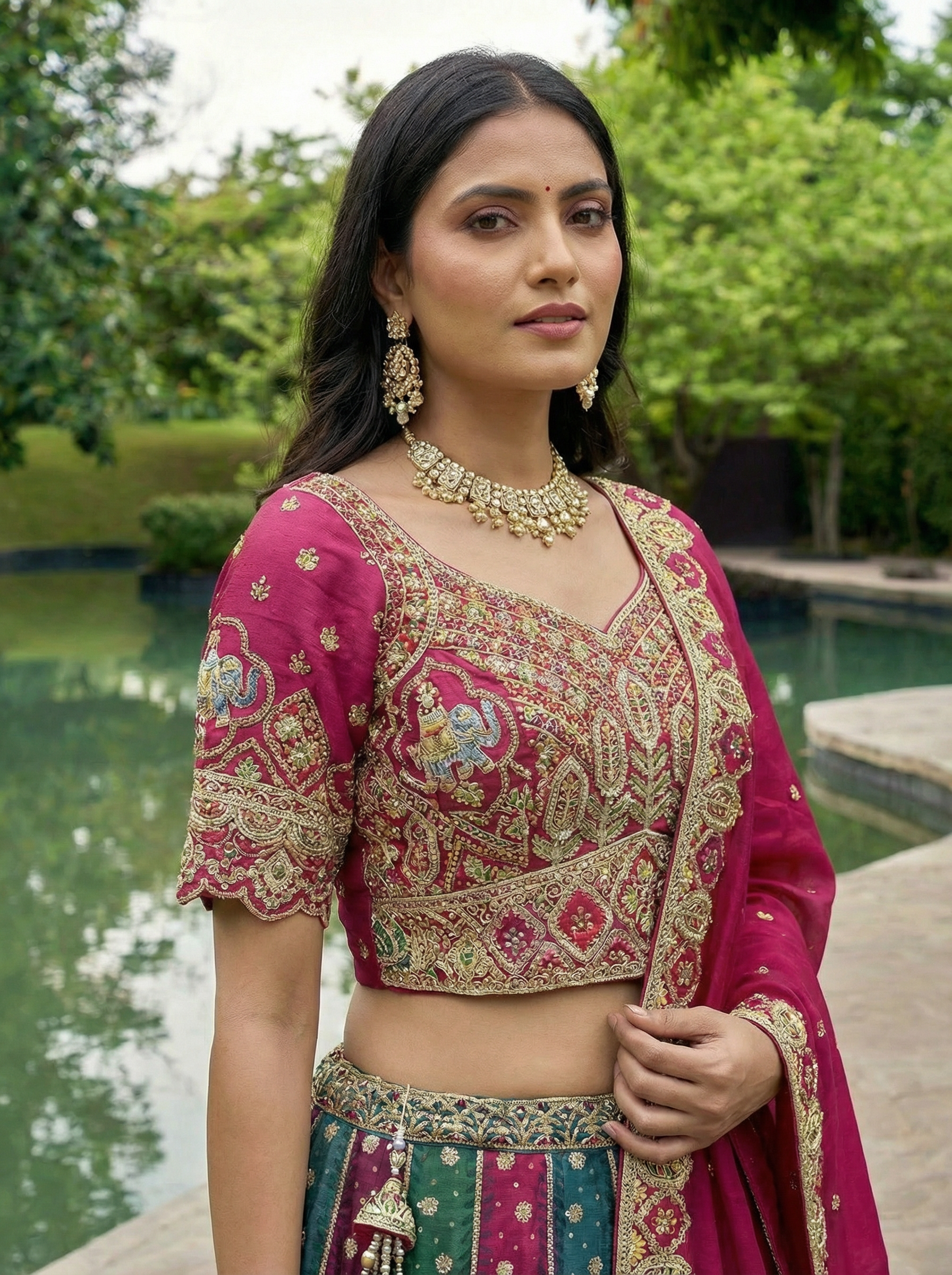Rose - Position Print Georgette Golden Embroidered Work Ready to Wear Lehenga Choli