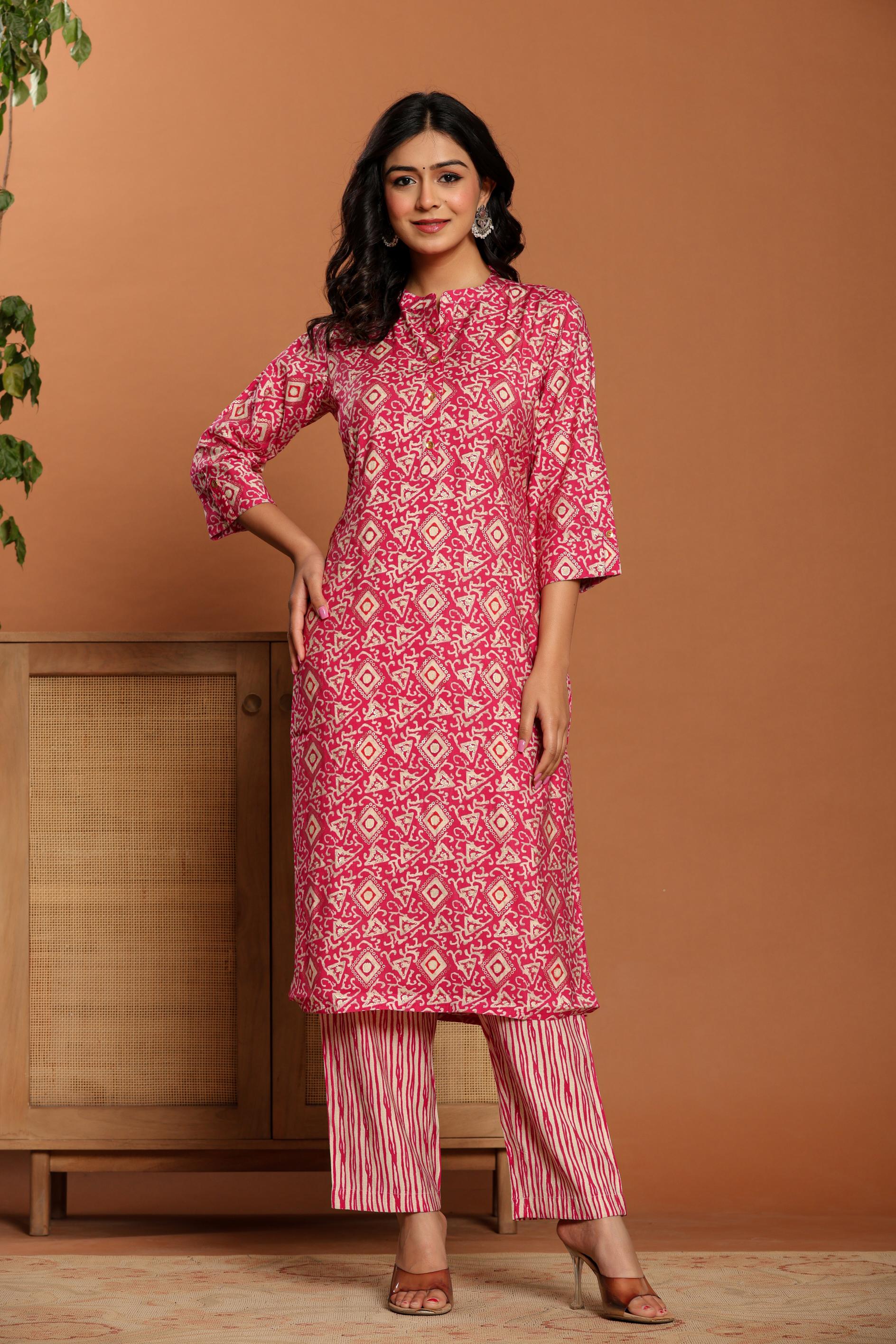 Pink Printed Rayon Kurta Set - qivii