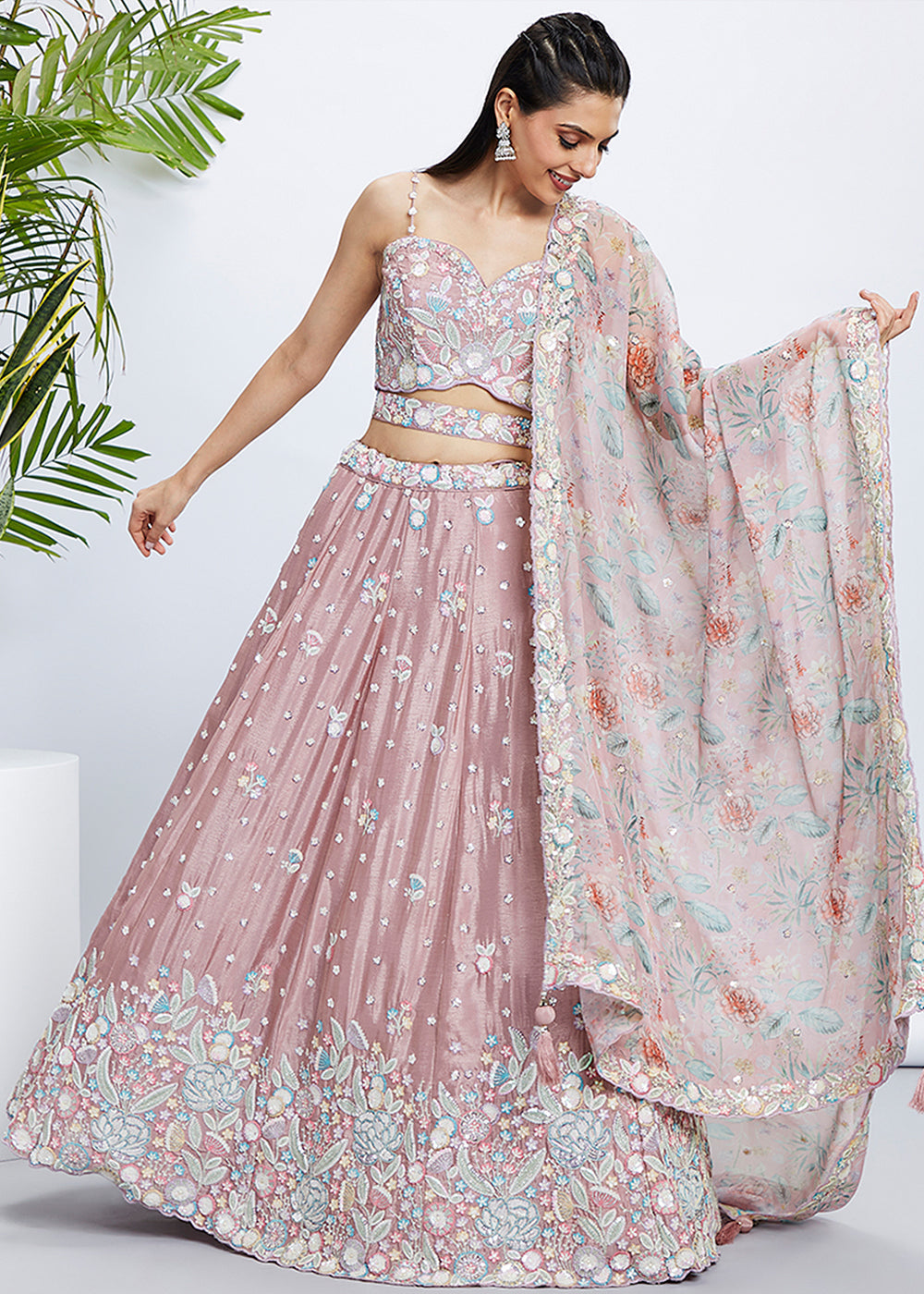 Rose Gold Chiffon Lehenga Choli with Sequins & Thread Embroidery work | Ready To Wear - qivii