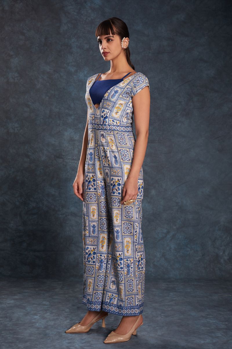 NAVY BLUE LINEN PRINTED CO-ORD SET - qivii