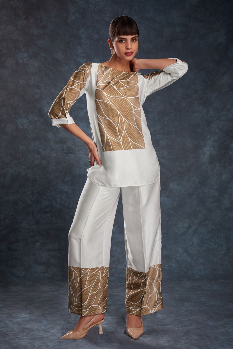 WHITE LINEN SATIN PRINTED TOP,PANT CO-ORD SET - qivii