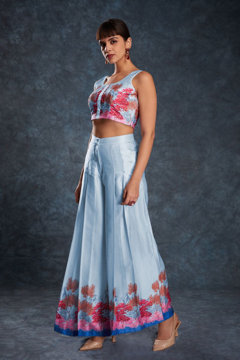 SKY BLUE LINEN PRINTED TOP,PANT CO-ORD SET - qivii