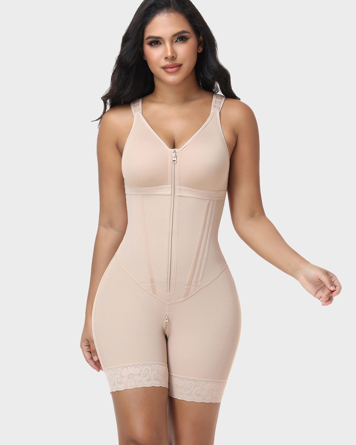 V Neck Front Zip Tummy Control Full Body Shapewear