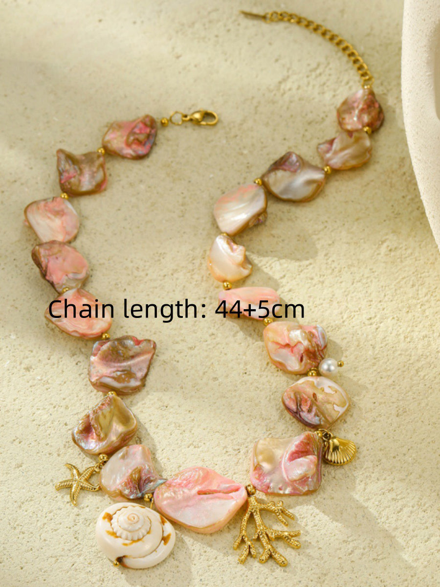 Beach Style Pink Shell Coral Stainless Steel Necklace - By Qivii