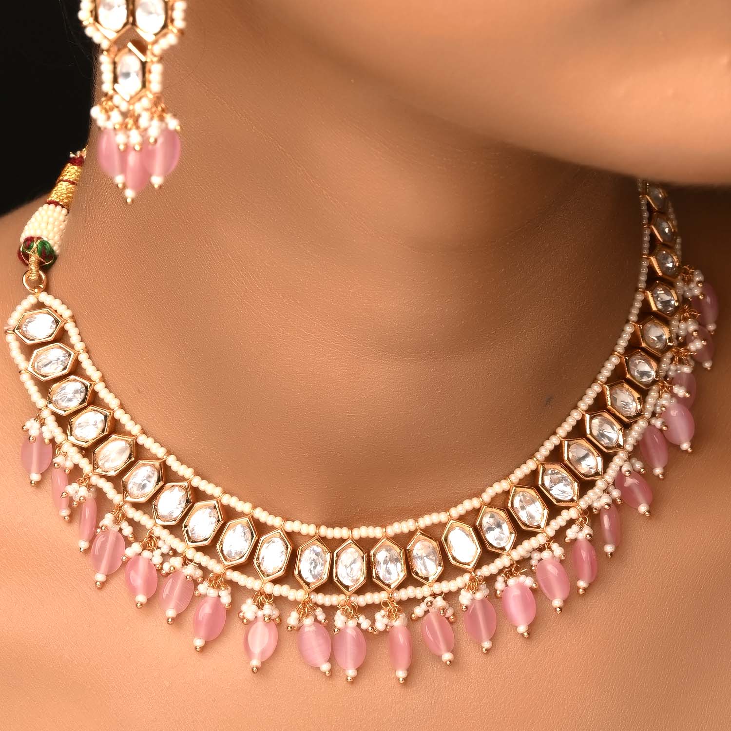 Raihana Baby Pink Diamond Gold Plated Kundan Set - qivii