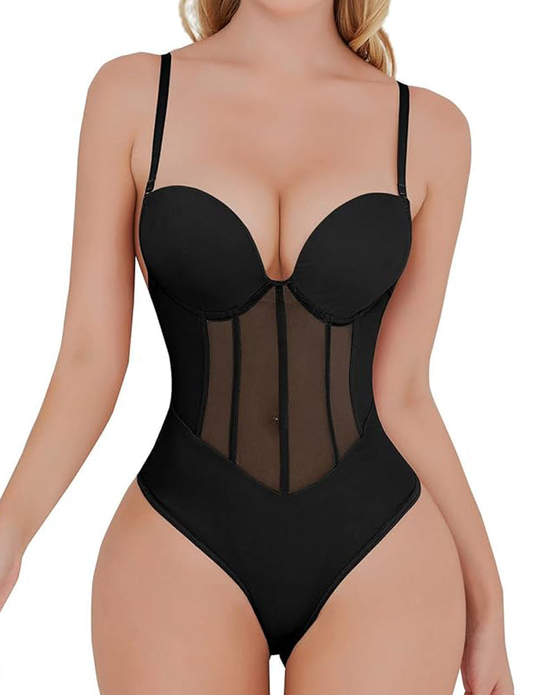 Sexy Mesh Shapewear Corset Backless Thong Bodysuit With Built-in Bra - By Qivii