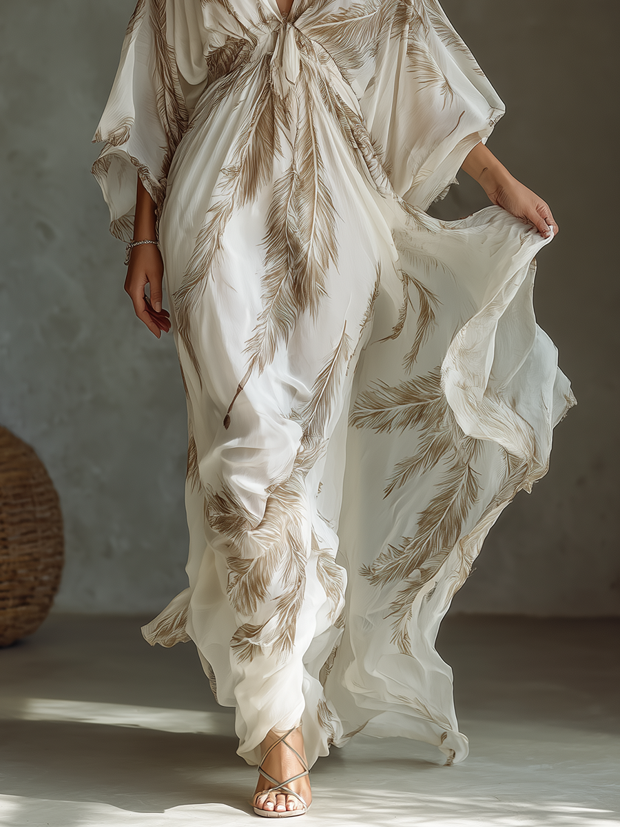 Women's Ivory And Taupe Chiffon Fabric Dolman Sleeve Maxi Dress With Twist Front & Palm Leaf Print MDZ0332B6T