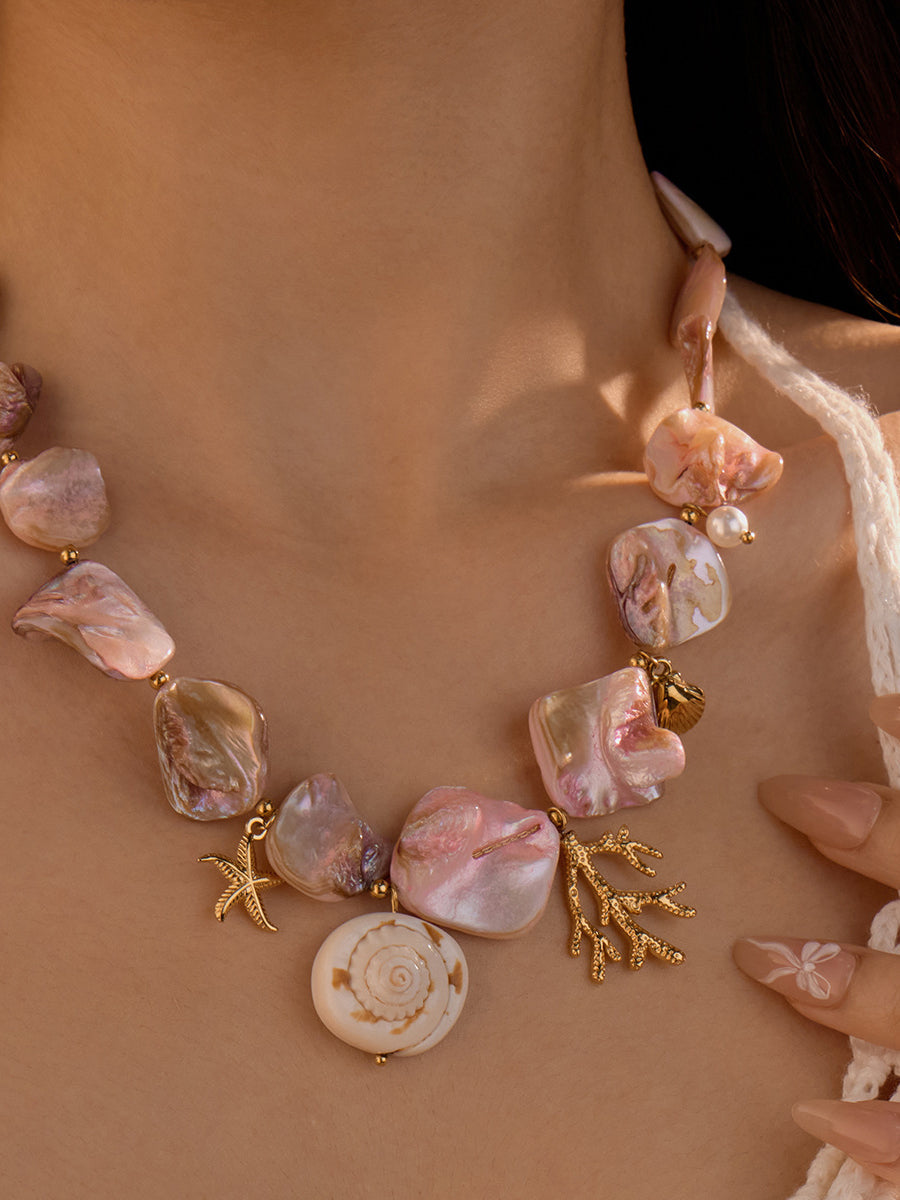 Beach Style Pink Shell Coral Stainless Steel Necklace - By Qivii