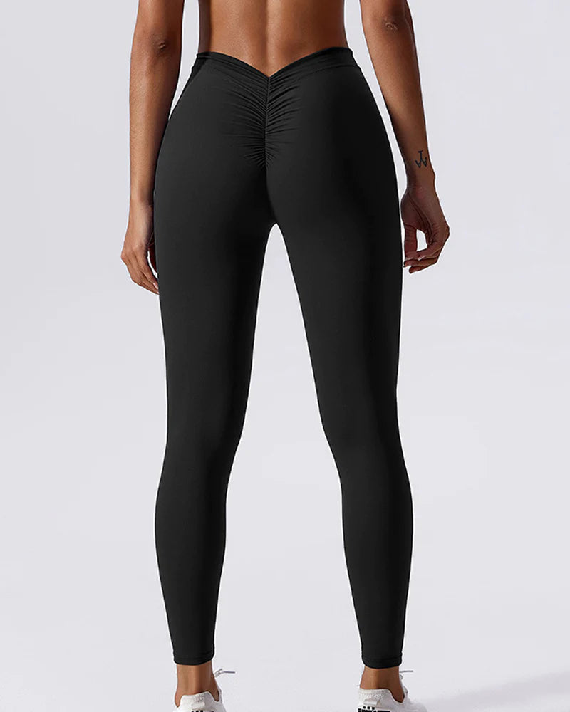 Sculpting V-Back Ruched Leggings Peach Butt Lifting Yoga Pants - By Qivii