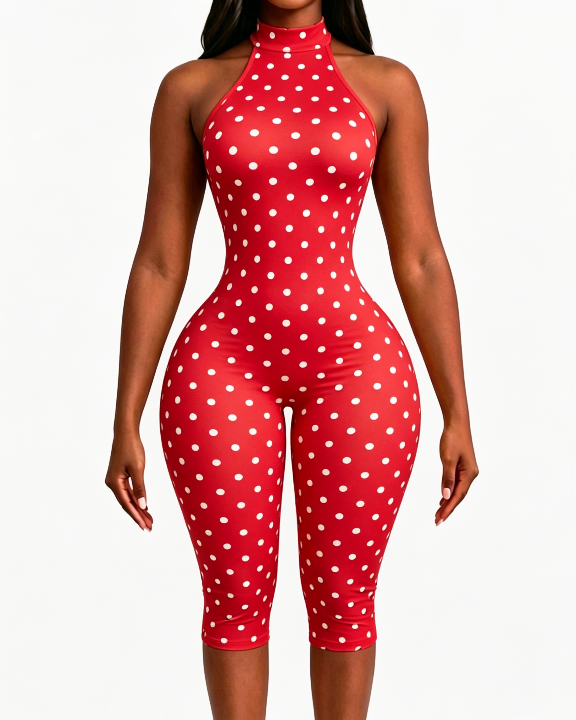 Polka Dot Halter Neck Backless Slim-Fit Stretch Capri Jumpsuit - By Qivii