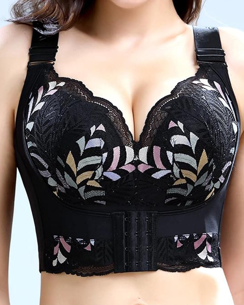 Women Side Support Longline Corset Wire-free Push Up Bra Adjustable Wide Straps - By Qivii