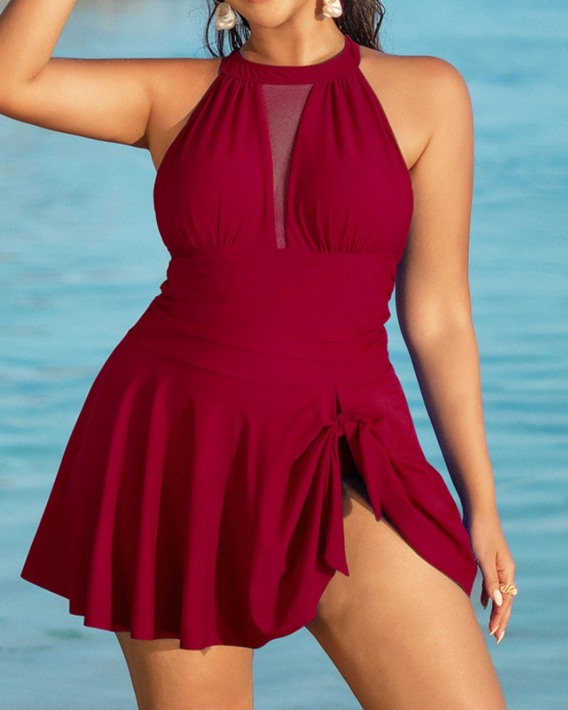 Large Size Halter Neck Mesh Panel Tummy Control Swimsuit with Side Bow - By Qivii