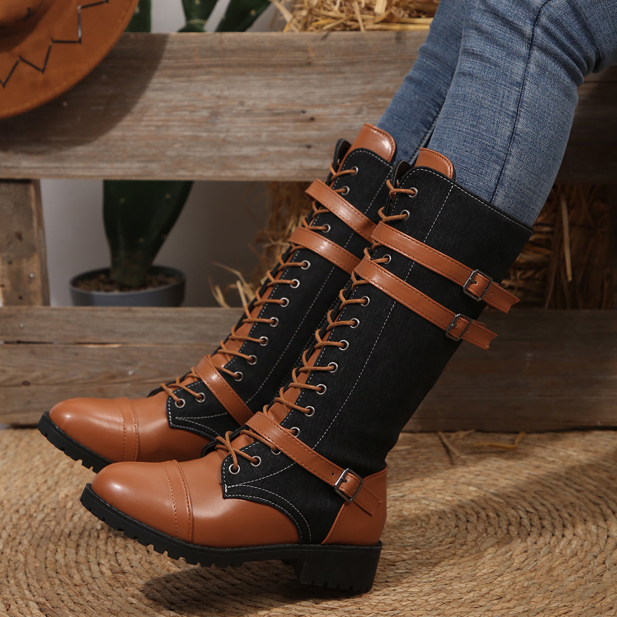 Women's Rogue Riding Boots - PU & Denim Lace-Up Combat Boots (US 5-10.5)