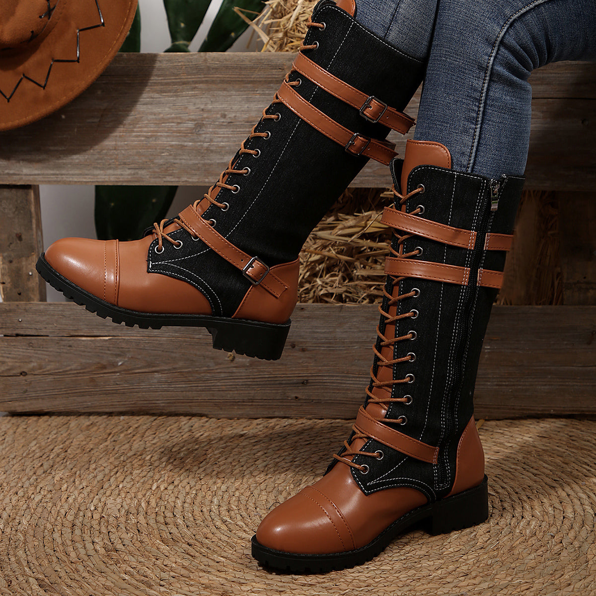 Women's Rogue Riding Boots - PU & Denim Lace-Up Combat Boots (US 5-10.5)