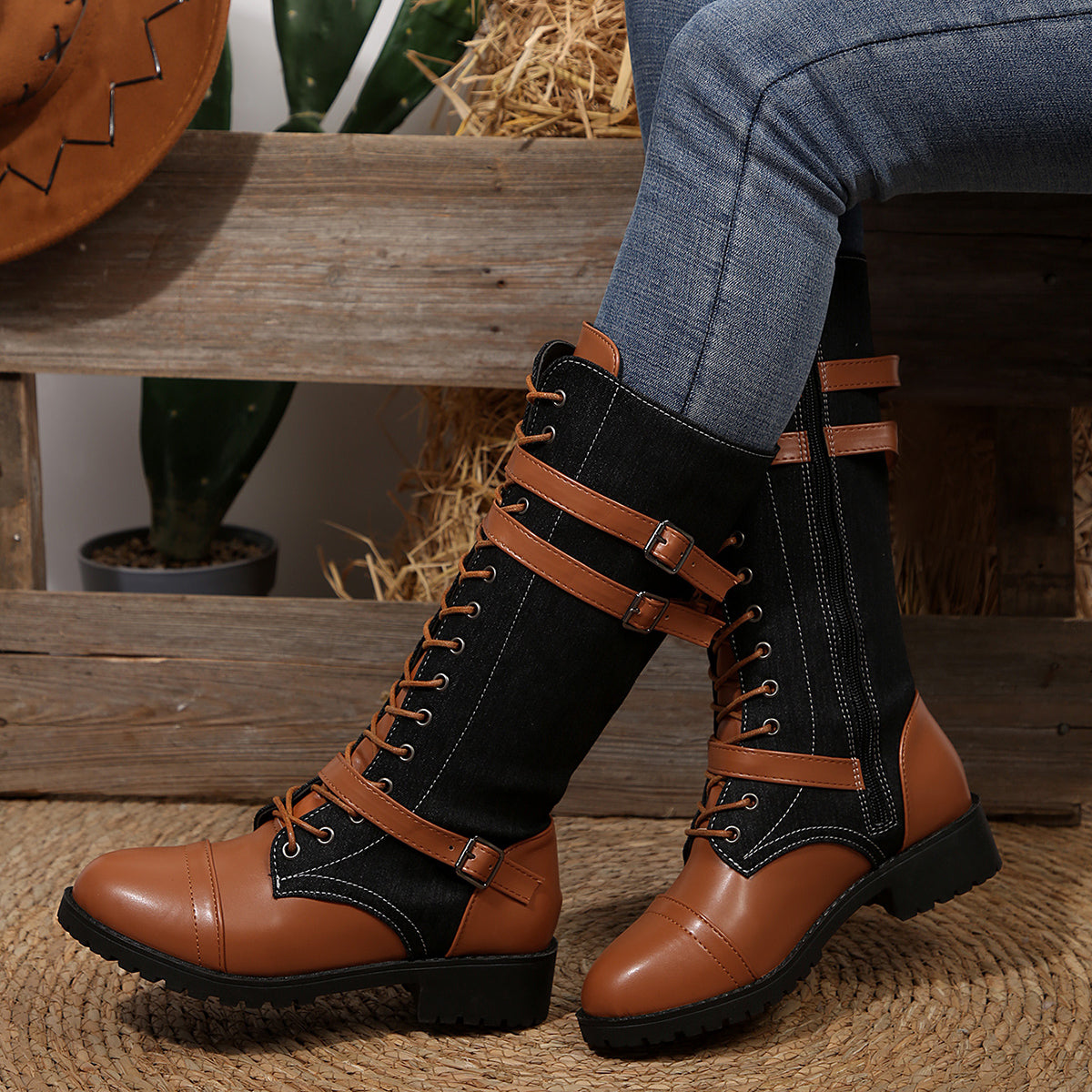 Women's Rogue Riding Boots - PU & Denim Lace-Up Combat Boots (US 5-10.5)